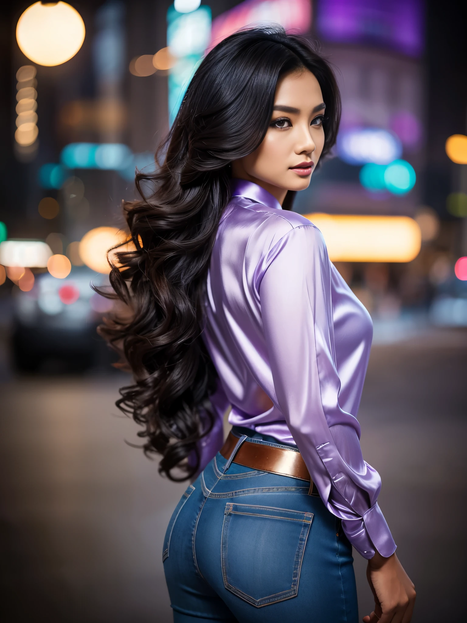 full length photoshoot, gorgeous asian woman, long curly hair, pretty eyes, high arched eyebrows, seductive look, light purple low-cut silk shirt, blue fitted jeans, stilettos, midnight modern metropolis, spot lighting, backlight on hair, shallow depth of field, bokeh, backview,