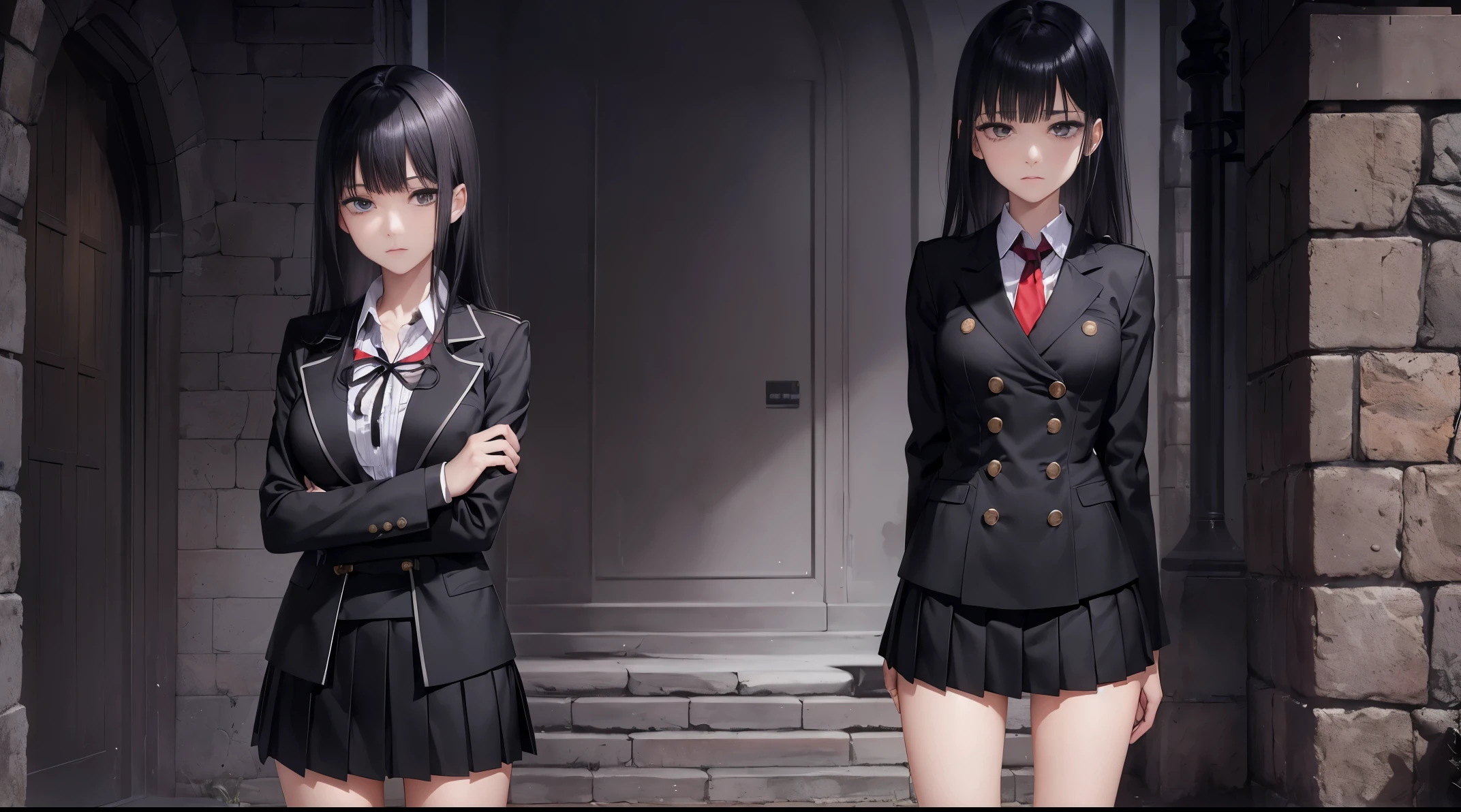 manga, (Beautiful posture), 1Girl,slim,( thin), ((black short skirt with pleats)),(((short double-breasted jacket))), (black very short jacket),(fitted clothing) ,a white blouse, (red tie short) ,(Mary Jane shoes),long bangs on face, (straight black hair to waist)),gray eyes with a hint of purple, knee-deep portrait, sad, It's a nasty day, stands in the castle, ((emotion fear)), (sad face), in high resolution