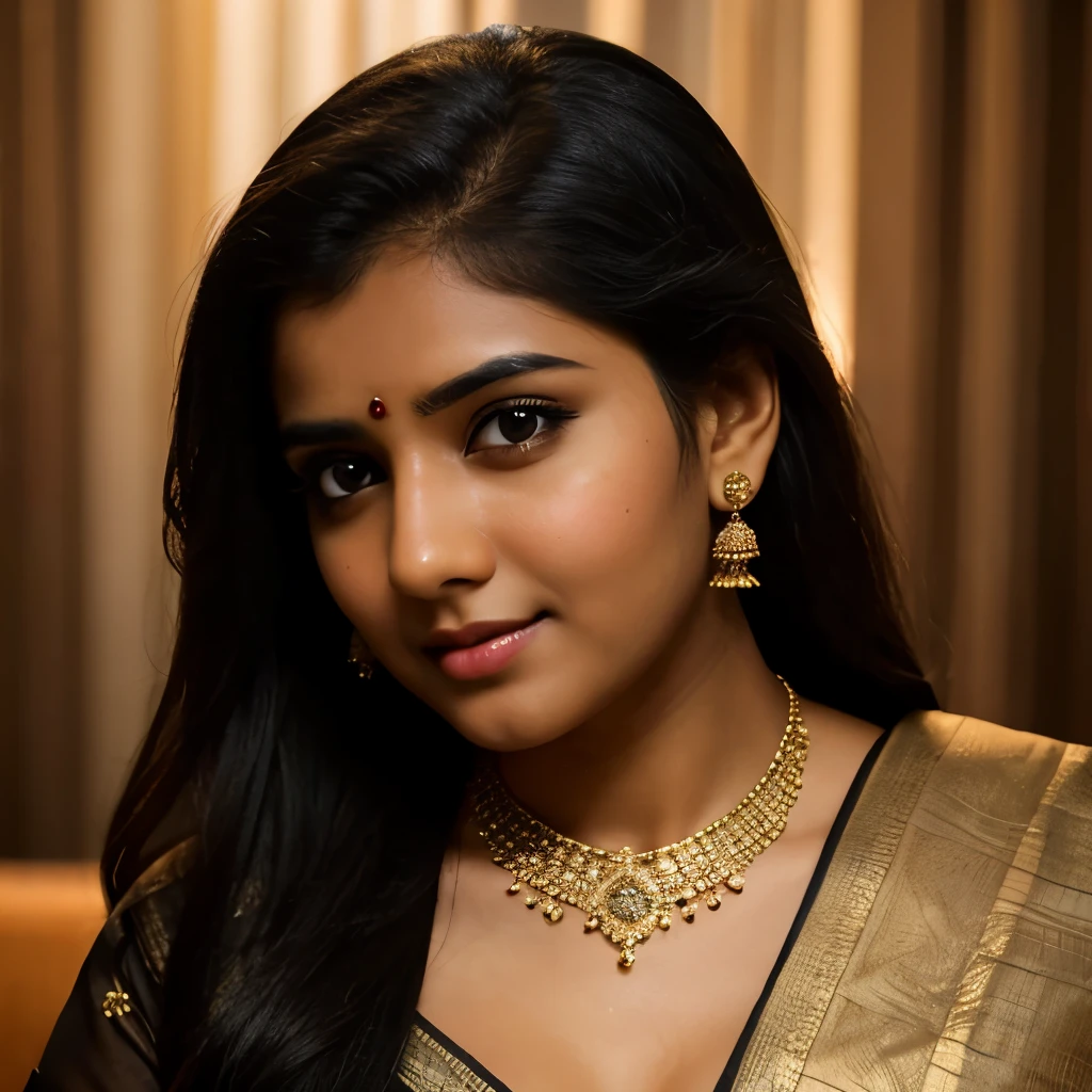 Be a girl with a bronze complexion, beautiful eyes (black eyes) and deep as the night sky, half sad face lying on the table, black hair, looking at you, lovely skin , busty no blouse saree