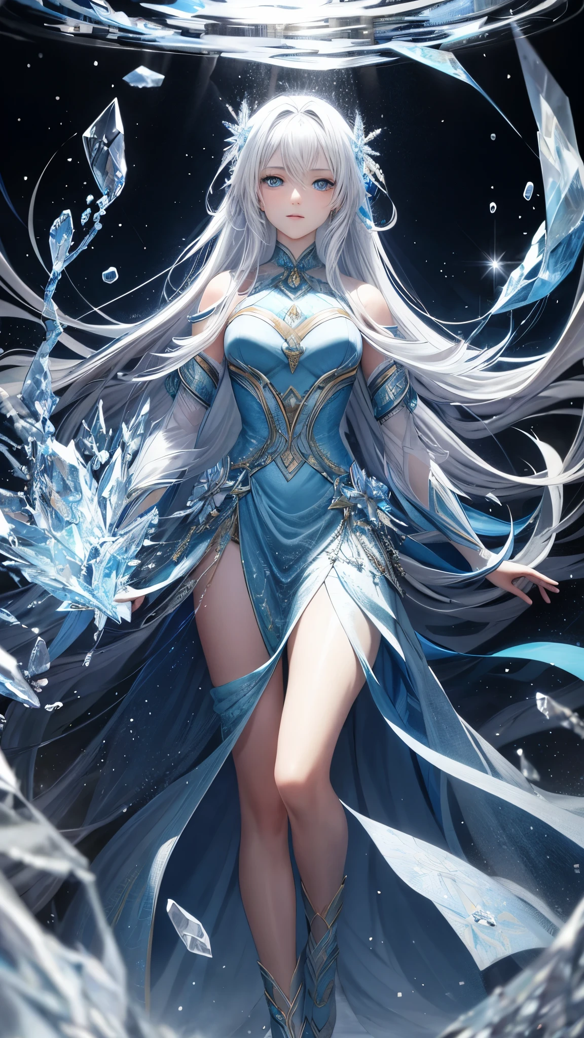 Half body, headshot. Step into a captivating scene featuring one young lady with very long white hair braided and blue eyes, as vibrant ice particles ignite the air around her, creating a dazzling and dynamic atmosphere. Crafted with exquisite detail crystal ice dress and rendered in breathtaking 10k high resolution, The creative lighting style bathes her in a radiant, icy glow, harmonizing with the swirling ice particles. this masterpiece blends the art mediums of digital illustration, crystal effects, particle simulation, and post-processing techniques. Drawing inspiration from the styles of Anime, Mystical Realism, and Contemporary Surrealism