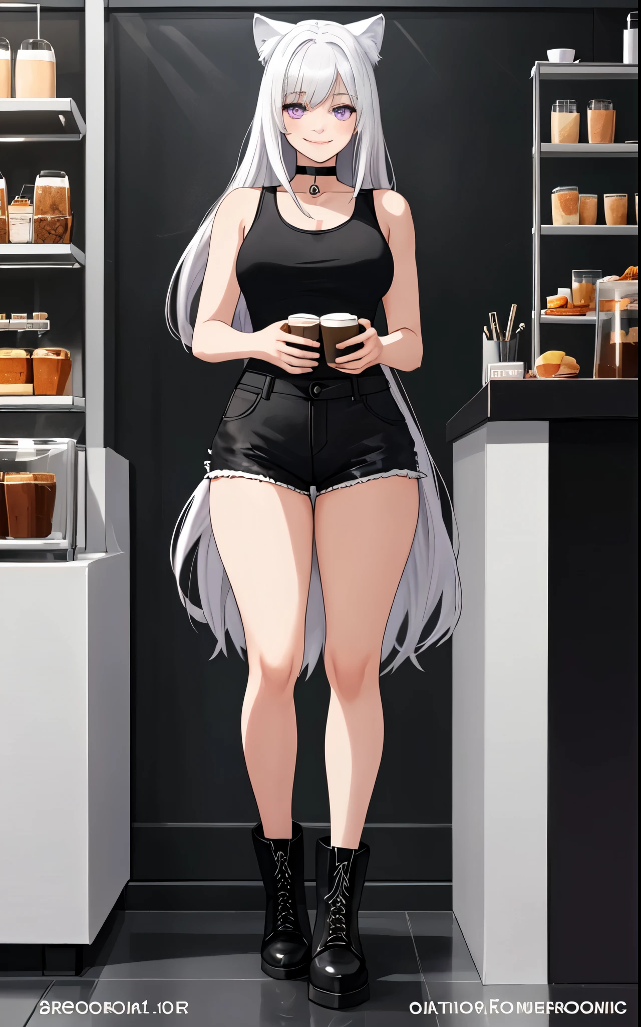 Solo:1.4, A tall thick white girl, cute, purple eyes, long white hair, long bangs, medium breasts, white wolf ears, wearing black tank top, black short shorts, black boots, black choker, smiling softly, standing, in a busy cafe, perfect hands, great anatomy