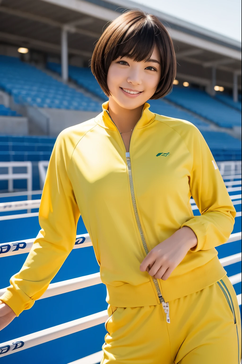 Upper Body, smile, show off nipple, at the track and field stadium, japanese plump lady, pale skin, droopy eyes, 20 year old, bowl cut hair, ((yellow Tracksuit)), ((standing)), high quality:1.3, shoot from below 2.0, Professional lighting:2.0 realistic:1.2, 4k resolution, detailed skin, masterpiece:1.1