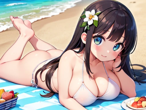 (masterpiece,best quality, detailed,hires:1.4),1girl,,(solo:1.4),on the beach,sea,fine sky,day,(lie down on stomach,face down,on the picnic sheet:1.4),BREAK,detailed long hair,detailed face,detailed shining eyes,bloom,glowing,shine skin,white super small micro bikini,(huge breasts:1.4),(cleavage,under boob,side boob:1.4),(happy:1.4),blush,cowboy shot,from below,straight legs,back,butt,(feet are outside the viewer:1.4),