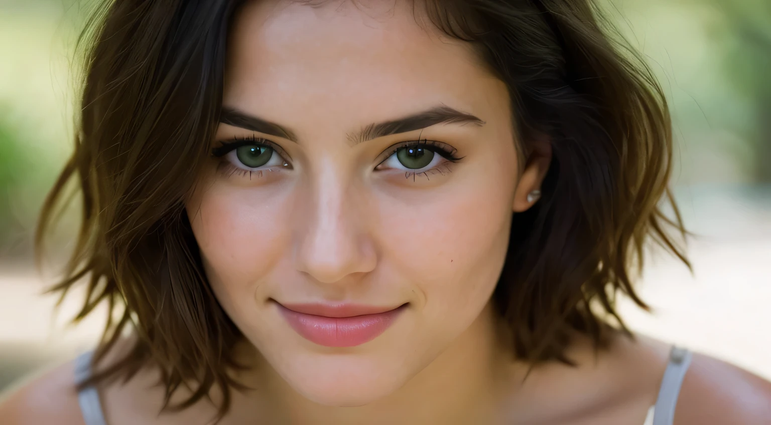 nice smile, beautiful european model, Close-up shot of only the face, 1 Girl with a beautiful face, Beautiful woman, (table top, highest quality, High resolution:1.4), 1 girl, Texture of skin pores, photograph, movie, movie, whole body, realistic, (8K, RAWphotograph, highest quality, table top:1.2), (realistic, photo-realistic:1.33), highest quality, small eyes are green, Natural light, Depth of bounds written, film grain, sharp, detailed and realistic portrait of a woman, stare at the camera, chapped lips, soft Natural light, のポートレートphotograph, 魔法のphotograph撮影, dramatic lighting, photorealism, super detailed, intimate portrait composition, Leica 50mm, short hair
