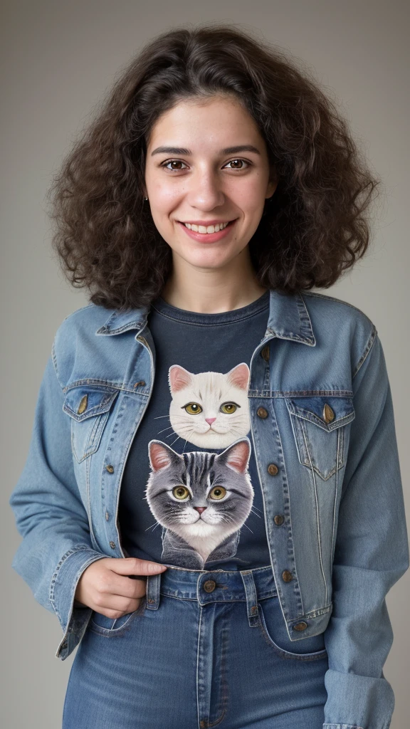 a woman with a smile on her face, 25 years old, very short curly brown hair, nerdy, wearing a jean jacket with a dark blue kitty cat tshirt and high waisted jeans, christina kritkou-valentina remenar-beth harmon-virginie ropars-genevieve gauckler-emily rajtkowski-laura zalenga-sabrina lloyd-magalie villeneuve merged, entire body visible, full body, hyperrealistic, best quality, 8K, real human skin, masterpiece, extremely intricate, medium closeup, detailed eyes, detailed face, detailed body, exaggerated features, pronounced features