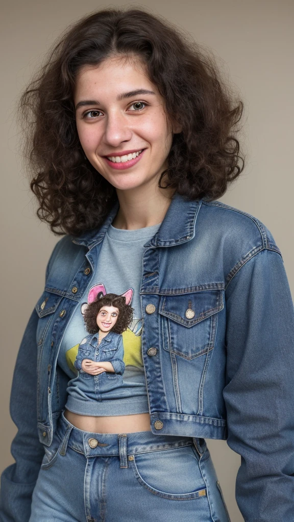 a woman with a smile on her face, 25 years old, very short curly brown hair, nerdy, wearing a jean jacket with a dark blue kitty cat tshirt and high waisted jeans, christina kritkou-valentina remenar-beth harmon-virginie ropars-genevieve gauckler-emily rajtkowski-laura zalenga-sabrina lloyd-magalie villeneuve merged, entire body visible, full body, hyperrealistic, best quality, 8K, real human skin, masterpiece, extremely intricate, medium closeup, detailed eyes, detailed face, detailed body, exaggerated features, pronounced features