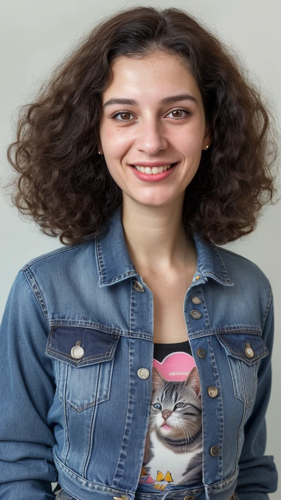 a woman with a smile on her face, 25 years old, very short curly brown hair, nerdy, wearing a jean jacket with a dark blue kitty cat tshirt and high waisted jeans, christina kritkou-valentina remenar-beth harmon-virginie ropars-genevieve gauckler-emily rajtkowski-laura zalenga-sabrina lloyd-magalie villeneuve merged, entire body visible, full body, hyperrealistic, best quality, 8K, real human skin, masterpiece, extremely intricate, medium closeup, detailed eyes, detailed face, detailed body, exaggerated features, pronounced features