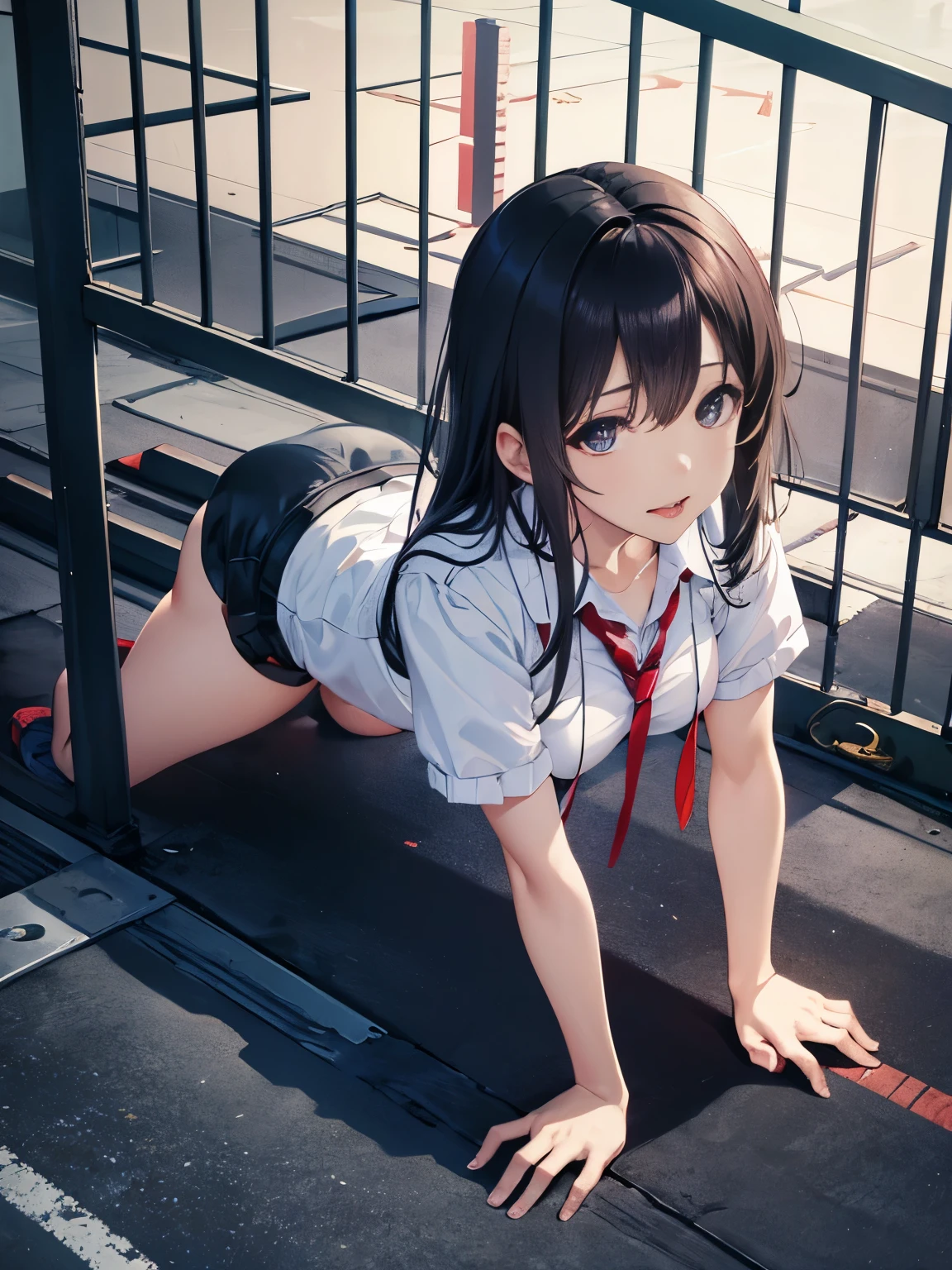 on all fours,(Crawling on all fours),(crawl on hands and knees),crawl on hands and knees,kneeling position,Posture with butt sticking out,((stick out tongue)),((drooling)),Upper grades,(collar with chain), handcuffs,地下prison,(prison),prison,prison,in a cage,From above,surrealism, Breasts F/1.2, Breasts Fuji Breasts Film, 35mm, 8K, Super detailed, ticker, debris flies, rough skin, high quality, 最high quality, hard disk,