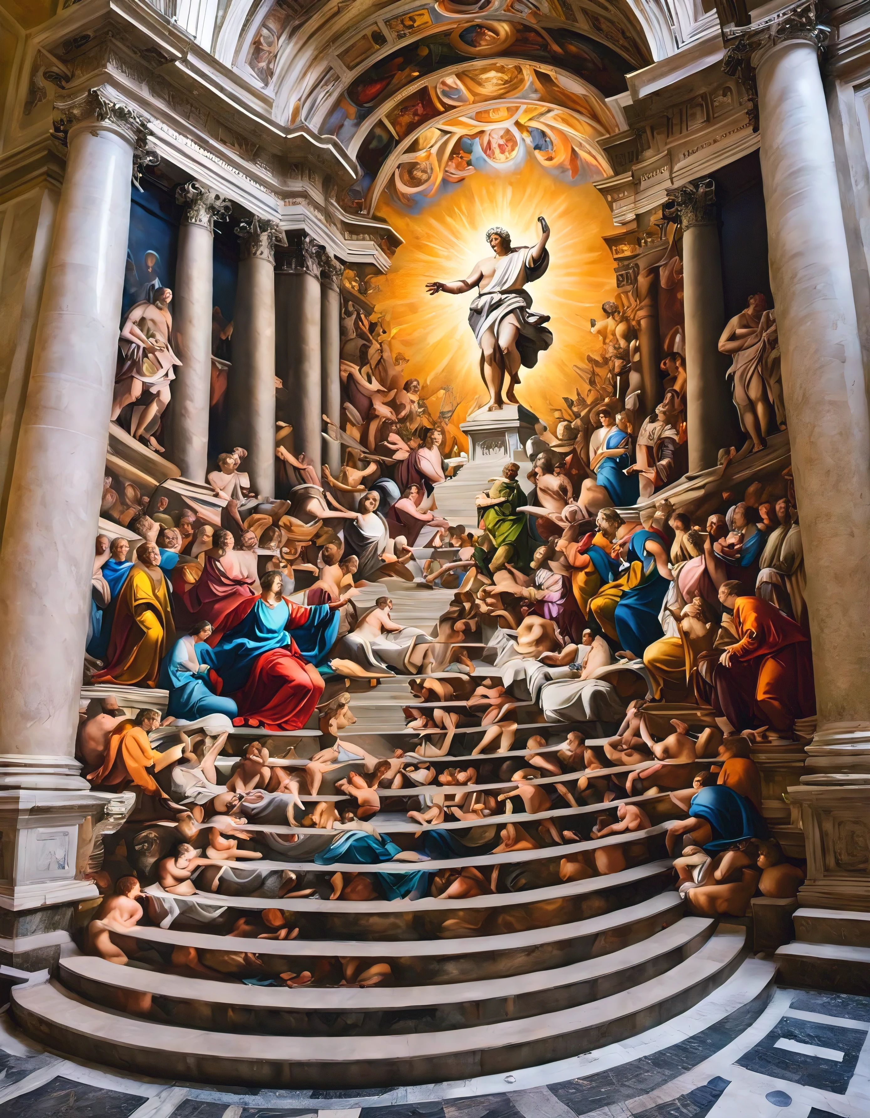 masterpiece, best quality, stair-art, renaissance oil painting at Vatican, nighttime, vibrant, flash-photography, high-saturation