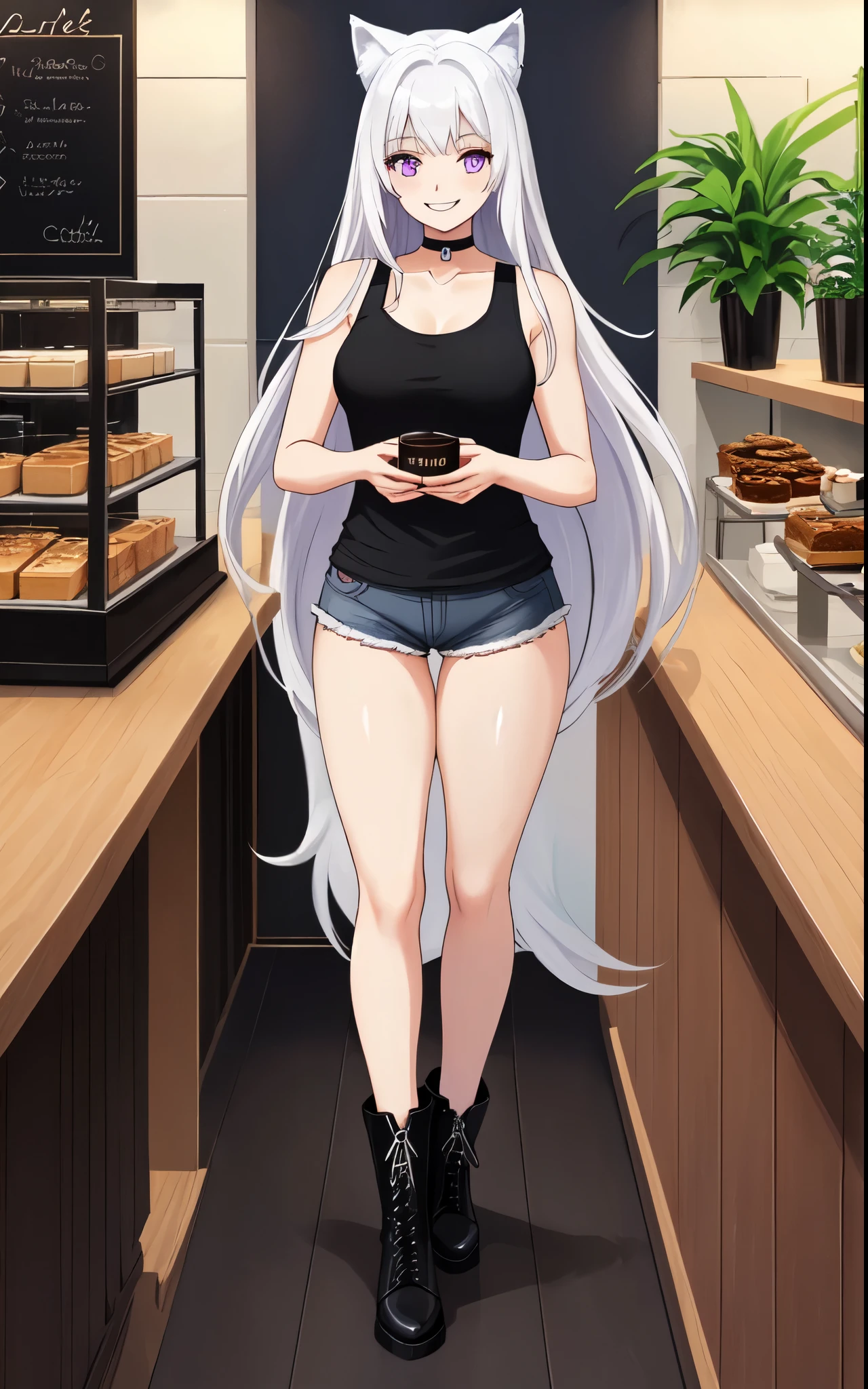 Solo:1.4, A tall thick white girl, cute, purple eyes, long white hair, long bangs, medium breasts, white wolf ears, wearing black tank top, black short shorts, black boots, black choker, smiling softly, standing, in a cafe, perfect hands, great anatomy