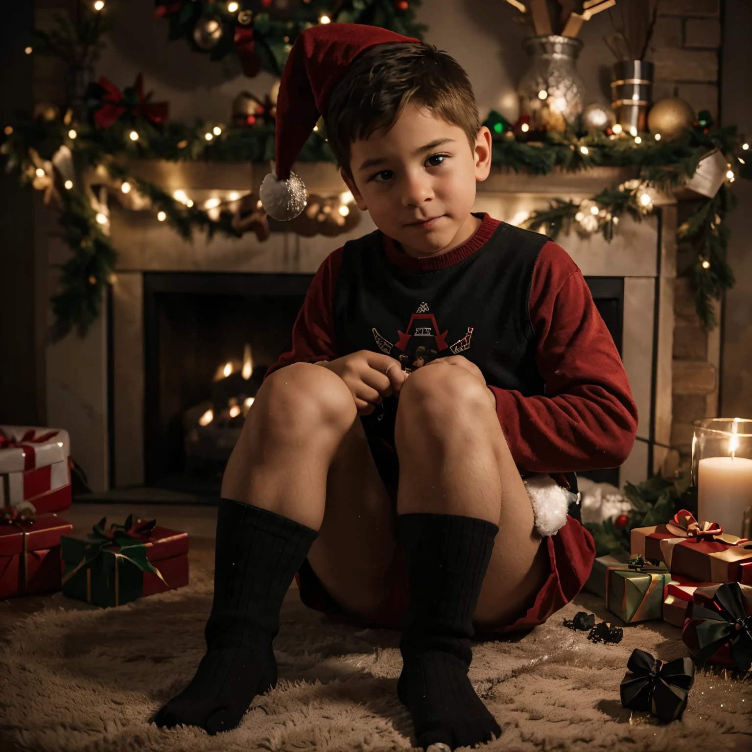 gets coal for christmas by santa claus, he is sad looking in the present sock
