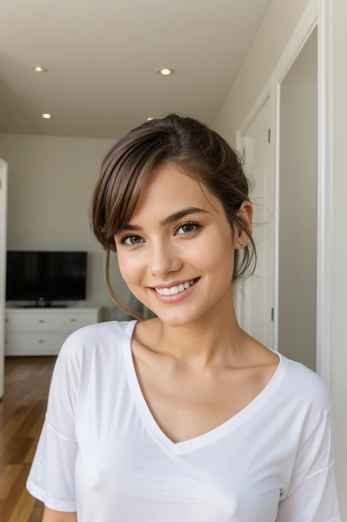 1 girl, wearing white t-shirt, model, inside a house, soft colors, looking like she's advertising clothing, smiling slightly