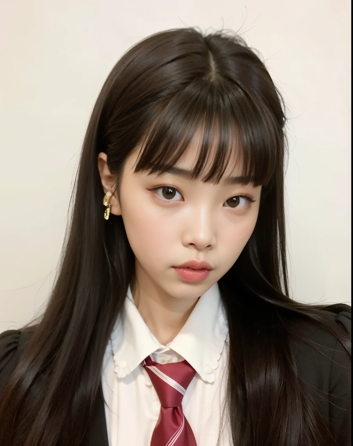 Jennie kim, there a long-haired woman with a tie and suit, she has black hair con flequillo, ulzzang, el corte de hime, neat hair con flequillo, con flequillo completo, pelo cortado hime negro, peinado de corte hime blanco, con flequillo, cruel korean gothic girl, jossi de blackpink, kim doyoung, long hair con flequillo completo, Jennie Kim
