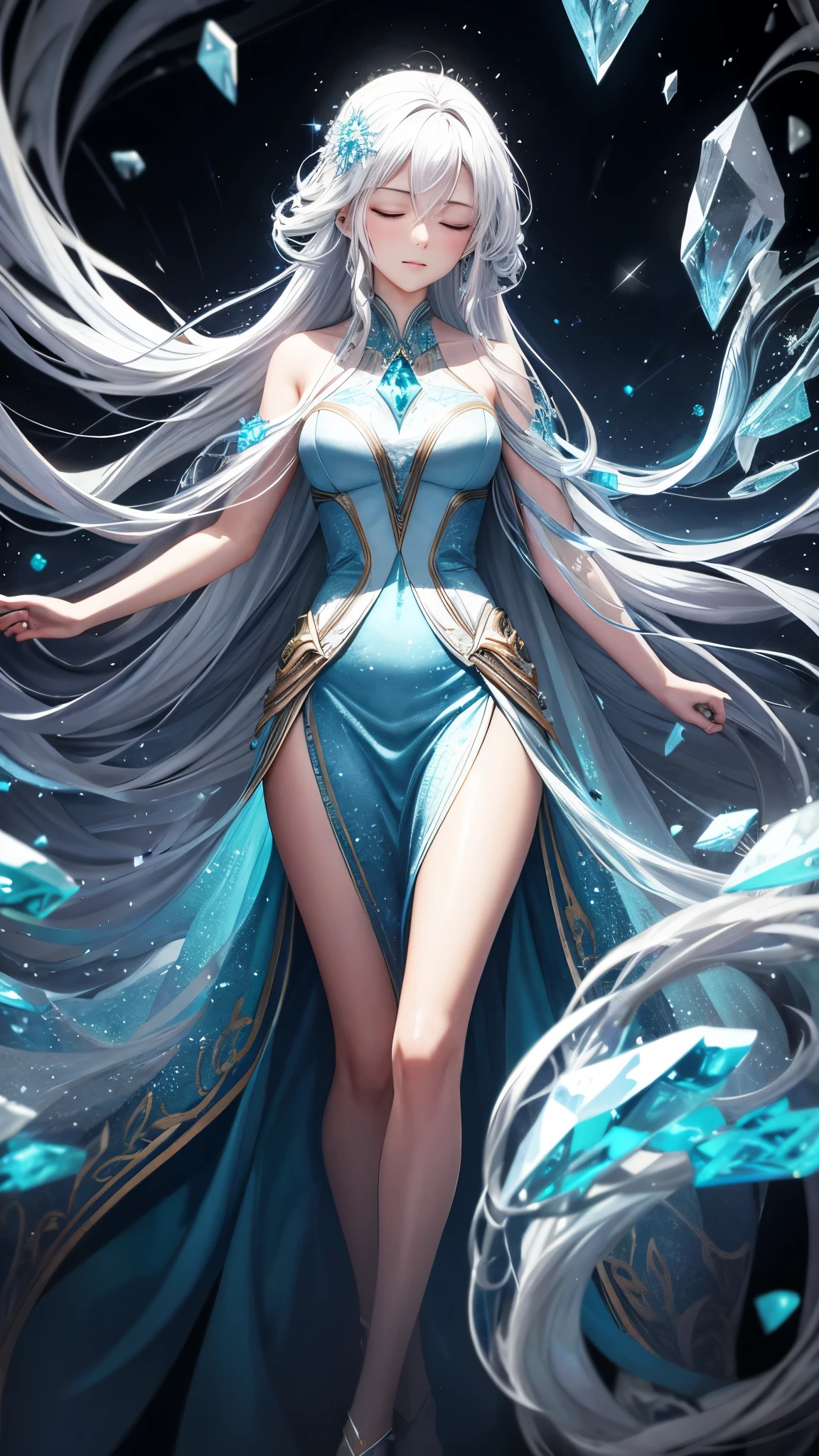 Half body, headshot. Closed eyes. Calm. Step into a captivating scene featuring one young lady with very long white hair braided , as vibrant ice particles ignite the air around her, creating a dazzling and dynamic atmosphere. Crafted with exquisite detail crystal ice dress and rendered in breathtaking 10k high resolution, The creative lighting style bathes her in a radiant, icy glow, harmonizing with the swirling ice particles. this masterpiece blends the art mediums of digital illustration, crystal effects, particle simulation, and post-processing techniques. Drawing inspiration from the styles of Anime, Mystical Realism, and Contemporary Surrealism