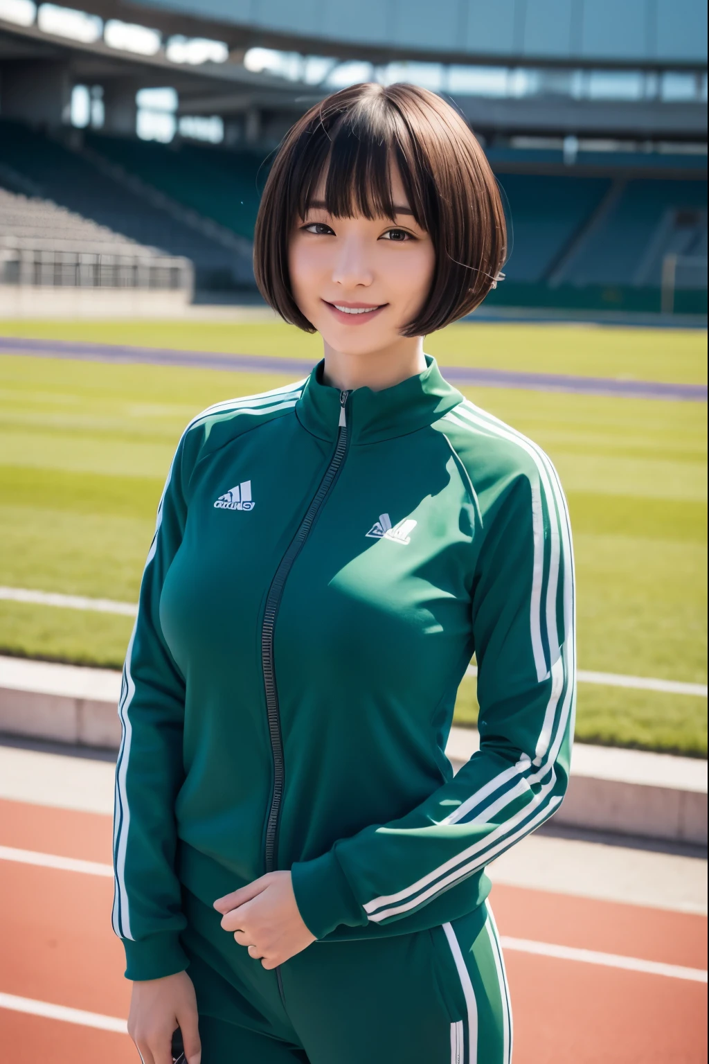 Upper Body, smile, show off nipple, at the track and field stadium, japanese lady,((gigantic breasts)), pale skin, droopy eyes, 20 year old, bowl cut hair, ((green Tracksuit)), ((standing)), high quality:1.3, shoot from below 2.0, Professional lighting:2.0 realistic:1.2, 4k resolution, detailed skin, masterpiece:1.1