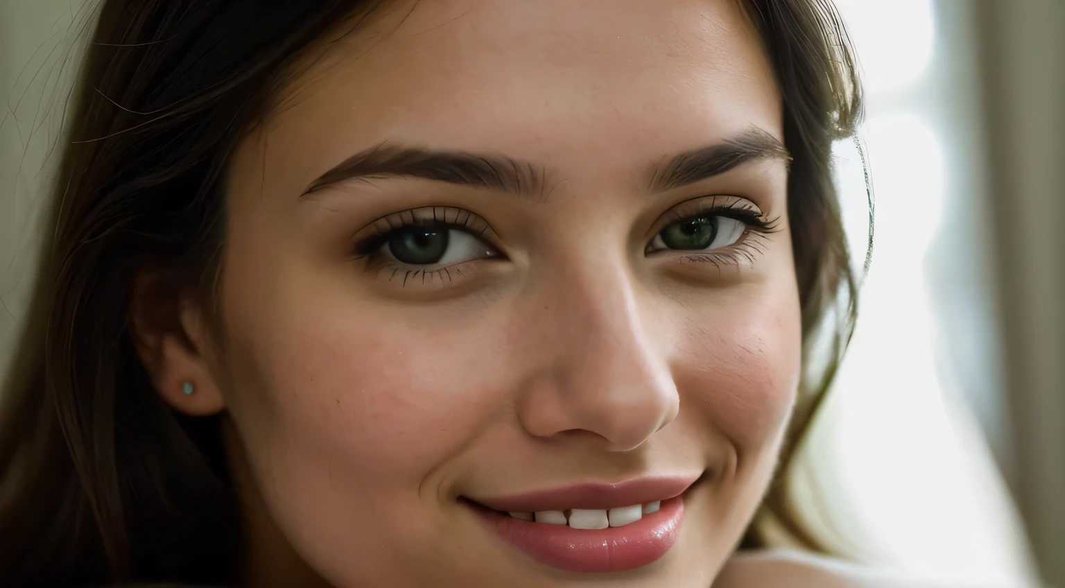 nice smile, beautiful european model, Close-up shot of only the face, 1 Girl with a beautiful face, Beautiful woman, (table top, highest quality, High resolution:1.4), 1 girl, Texture of skin pores, photograph, movie, movie, whole body, realistic, (8K, RAWphotograph, highest quality, table top:1.2), (realistic, photo-realistic:1.33), highest quality, small eyes are green, Natural light, Depth of bounds written, film grain, sharp, detailed and realistic portrait of a woman, stare at the camera, chapped lips, soft Natural light, のポートレートphotograph, 魔法のphotograph撮影, dramatic lighting, photorealism, super detailed, intimate portrait composition, Leica 50mm