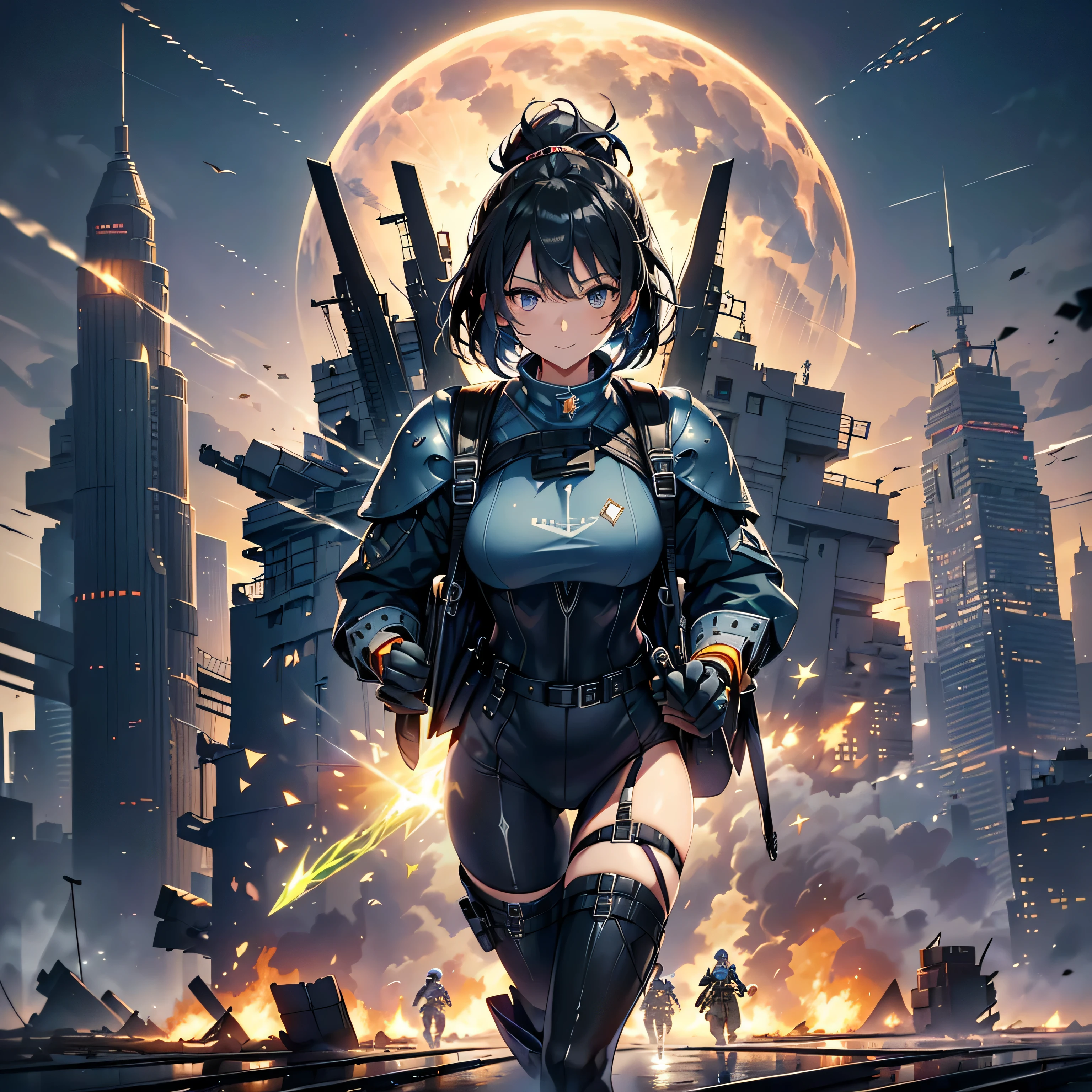 (highest quality，T Masterpiece，final solution，whole body):(Fluffy，１９old female fighter，black super short hair，Navy blue and black tight combat uniform，tight suit，normal posture，normal posture、Gentle smile)、(１９old female fighter，dark blue high knot ponytail、Tight navy blue and white combat uniform，tight suit，normal posture，normal posture、Gentle smile)、(Time Machine、Computer、skyscraper gun、weapons of the future、(Backpack:1.1)、Real World、Plankton rattle field、volumetric fog、gray fog、cigarette、 explosion、apocalyptic、destroyed city background、burning building:1.3、splash of water、starry ski、huge moon、Earth、destroyed giant robot、radio tower、airplane flying overhead、shooting star rocket truck、broken car、derailed train、tank、giant weapon、electronic equipment、Luminous mechanism)