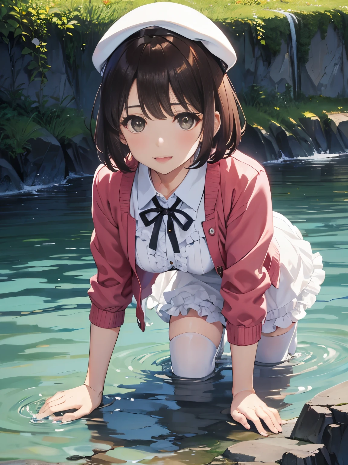 , (masterpiece:1.6, highest quality), (fine and beautiful eyes: 1.2), PhD_Kato, Katouhdlong, alone, brown hair, have, upper limbs, short hair, brown eyes, hat has been removed, dress, took off the hat, white stockings, White dress, Wear a hat, frills太もも, bangs, open your mouth, frills, 赤いJacket, Jacket, zettai ryouiki, petal, ribbon, holding, white hat, blush
, lying back on water, Ocean, cove, (full body esbian), frills太もも, bangs, open your mouth, frills, 赤いJacket, Jacket, zettai ryouiki, (highest quality, 8K, masterpiece, Super detailed:1.2), (Lens flare, particles of light, shine), big breasts, NSFW, (Completely naked), (embarrassing:1.2), (blush:1.2), (orgasm:1.2), open your mouth, nipple, (shout:1.2), (Wet:1.2), heavy breathing, vagina,sex, ((raise your legs)), testis, penis, sex, sit, High resolution, Very detailed CG, official art, clothes sex, sex, vaginal penis, embarrassing,