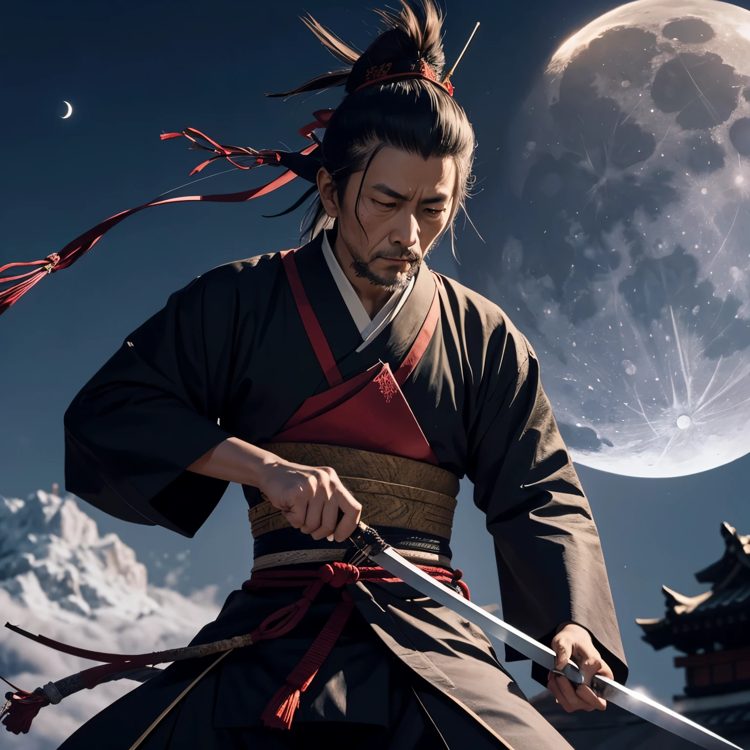 Miyamoto Musashi cutting and tying with the moon in the background