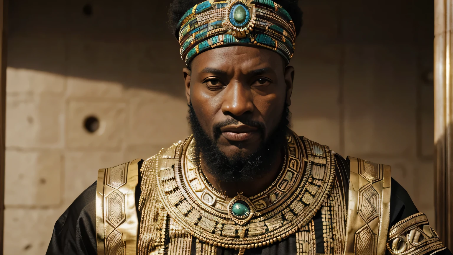 crie imagem ultra realista de homem SABIO de aproximadamente 50 anos MANSA MUSA, rei africano de Mali, homem negro forte, ROUPAS DE REALEZA BRANCA E DOURADA, pele negra bonita, Imagens super detalhada de melhor qualidade Pele texturizada Detalhes da pele Detalhes de alto Qualidade premiado melhor 16 Ku HD