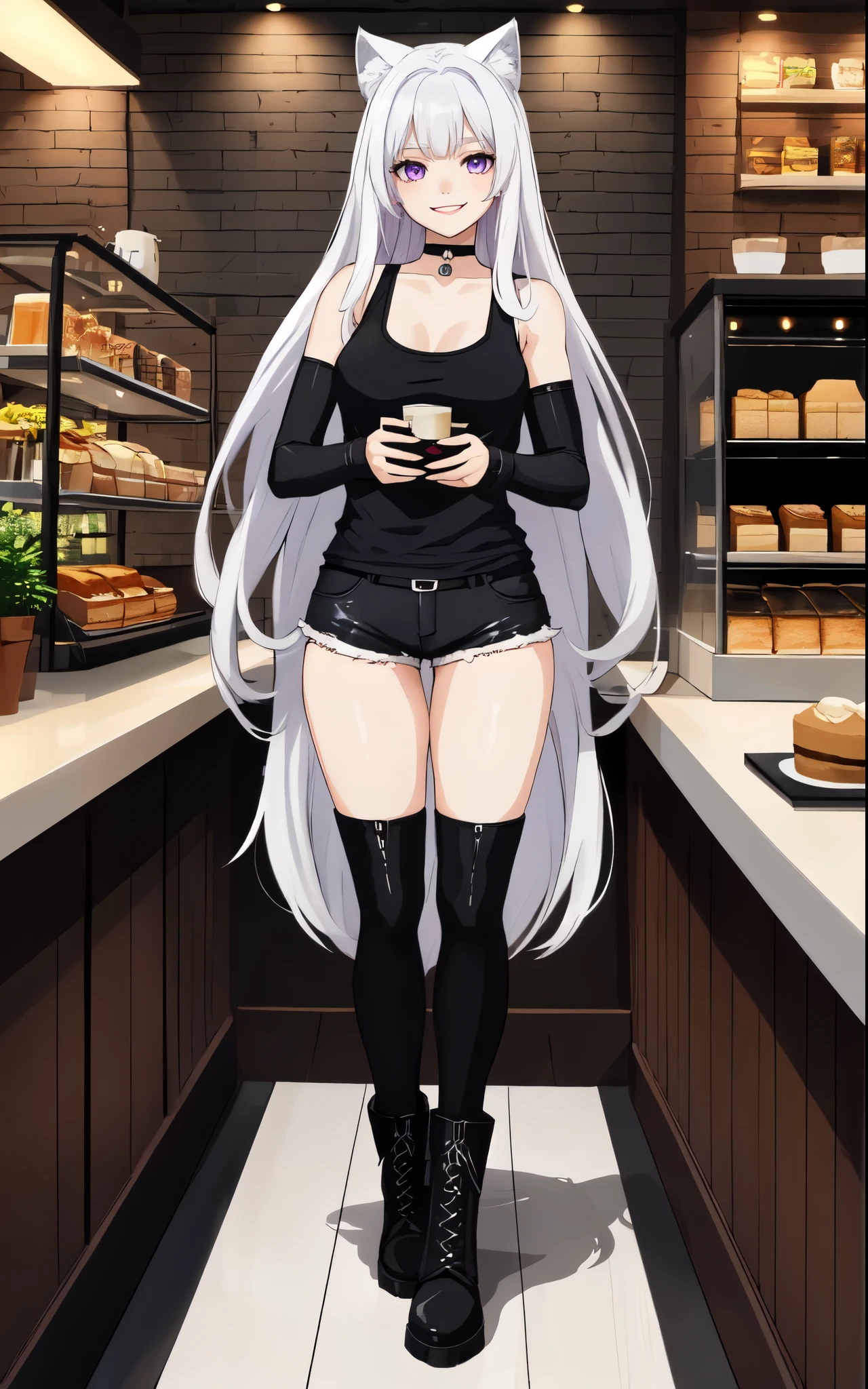 Solo:1.4, A tall thick white girl, cute, purple eyes, long white hair, long bangs, medium breasts, white wolf ears, wearing black tank top, black short shorts, black boots, black choker, smiling softly, standing, in a cafe, perfect hands, great anatomy