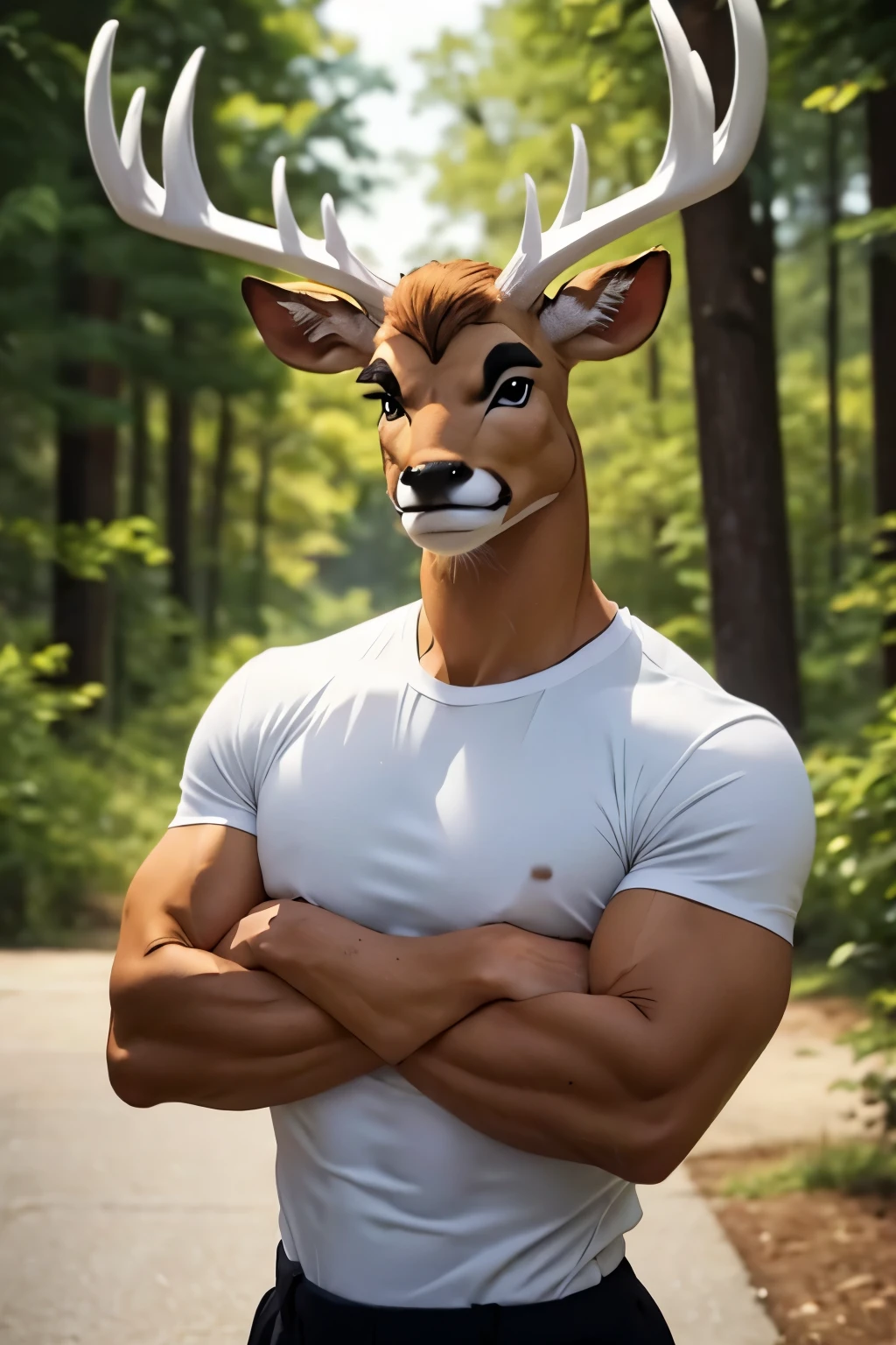 Muscular Bambi, strong arms crossed, deer,
White shirt, looking at the viewer smiling,