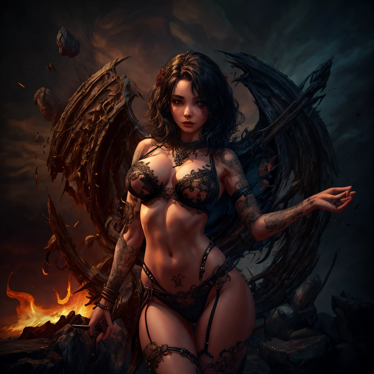 ((Masterpiece)), ((Best Quality)), 8K, HD, Super Detail, high resolution, beautiful detailed, extremely detailed, perfect lighting,((naked young woman)), full body shot, hellish nightmare, (monsters), (demons), young female exposed, exposed breast, exposed navel, (boobs),nsfw:1,1, fire, nude, beads belt, rope belt, necklace, ornaments, (tattoo), legs apart, lingerie, chain bra,exposed crotch, exposed vagina, (naked woman)
