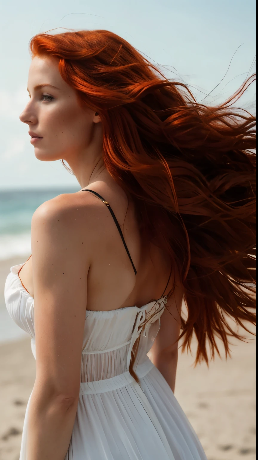 a photograph of a redhead woman with windswept tresses, her hair entangled like flamesmanating untamed beauty