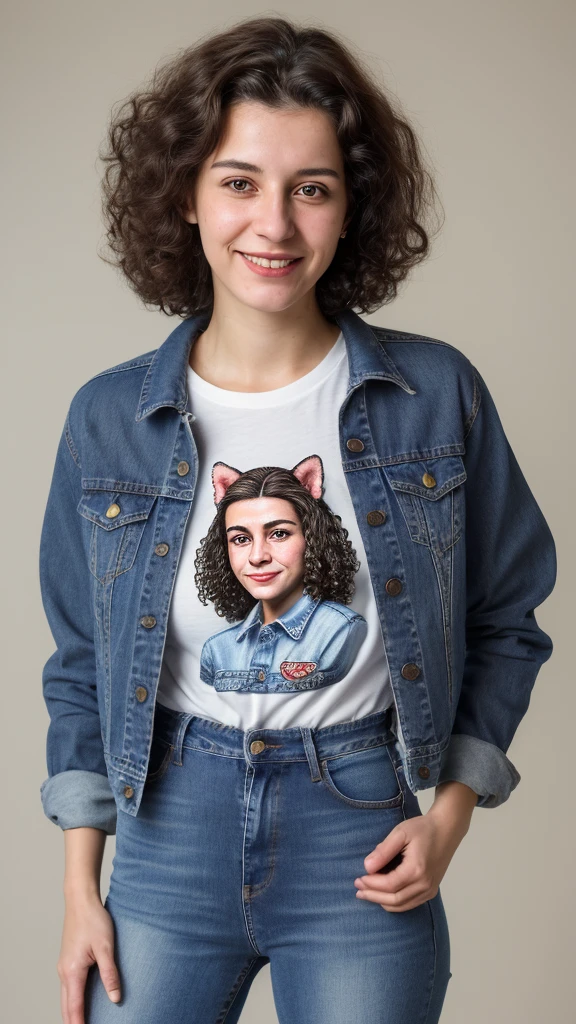 a woman with a smile on her face, 25 years old, very short curly brown hair, nerdy facial features, wearing a jean jacket with a dark blue kitty cat tshirt and high waisted jeans, christina kritkou-valentina remenar-beth harmon-virginie ropars-genevieve gauckler-emily rajtkowski-laura zalenga-sabrina lloyd-magalie villeneuve merged, entire body visible, full body, hyperrealistic, best quality, 8K, real human skin, masterpiece, extremely intricate, medium closeup, detailed eyes, detailed face, detailed body, exaggerated features, pronounced features