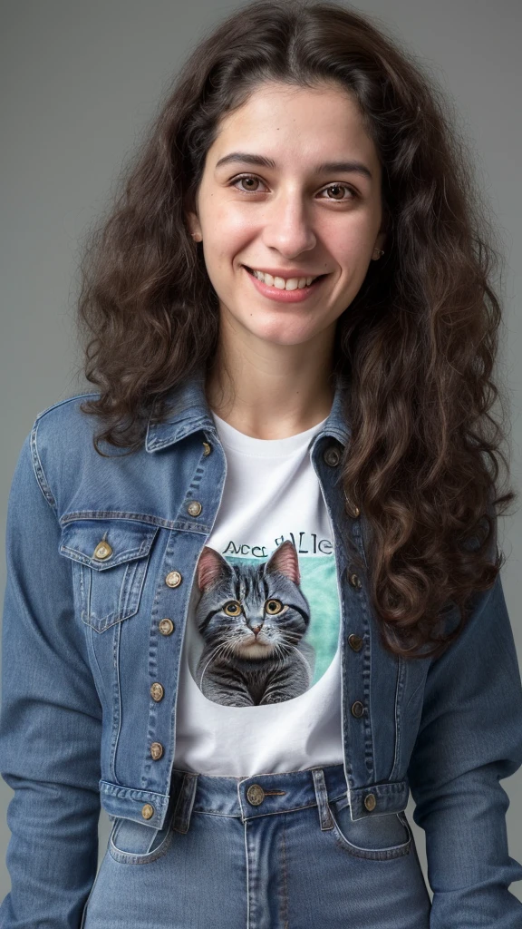a woman with a smile on her face, 25 years old, very short curly brown hair, nerdy facial features, wearing a jean jacket with a dark blue kitty cat tshirt and high waisted jeans, christina kritkou-valentina remenar-beth harmon-virginie ropars-genevieve gauckler-emily rajtkowski-laura zalenga-sabrina lloyd-magalie villeneuve merged, entire body visible, full body, hyperrealistic, best quality, 8K, real human skin, masterpiece, extremely intricate, medium closeup, detailed eyes, detailed face, detailed body, exaggerated features, pronounced features