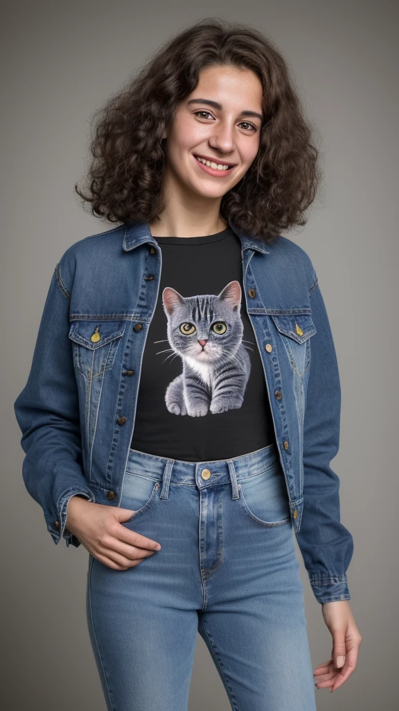 a woman with a smile on her face, 25 years old, very short curly brown hair, nerdy facial features, wearing a jean jacket with a dark blue kitty cat tshirt and high waisted jeans, christina kritkou-valentina remenar-beth harmon-virginie ropars-genevieve gauckler-emily rajtkowski-laura zalenga-sabrina lloyd-magalie villeneuve merged, entire body visible, full body, hyperrealistic, best quality, 8K, real human skin, masterpiece, extremely intricate, medium closeup, detailed eyes, detailed face, detailed body, exaggerated features, pronounced features