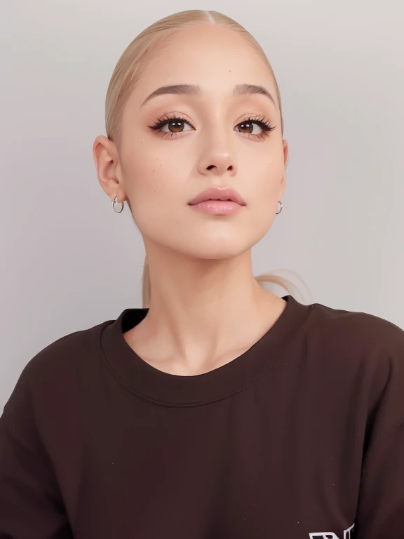 um close up de uma mulher com cabelos longos usando um moletom marrom, Retrato de Ariana Grande, Ariana Grande, cabelo em rabo de cavalo baixo liso, Nice Poarch, Ariana Grande Fotografia, ariana grande as a sith, Cl, Ariana Grande em Star Wars, Pintura de Ariana Grande, inspired by Gina Pellón, pintura de retrato de ariana grande, Foto do perfil, suave em _ O pano de fundo