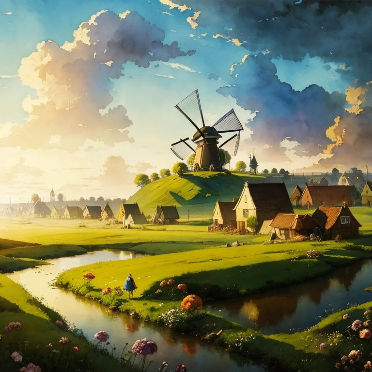 Watercolor, Mid 17th Century, A Stunning Image Of the Dutch countryside, Detailed, High Quality, Alexander Jansson. John Berkey, Octane Render, Trending On Artstation