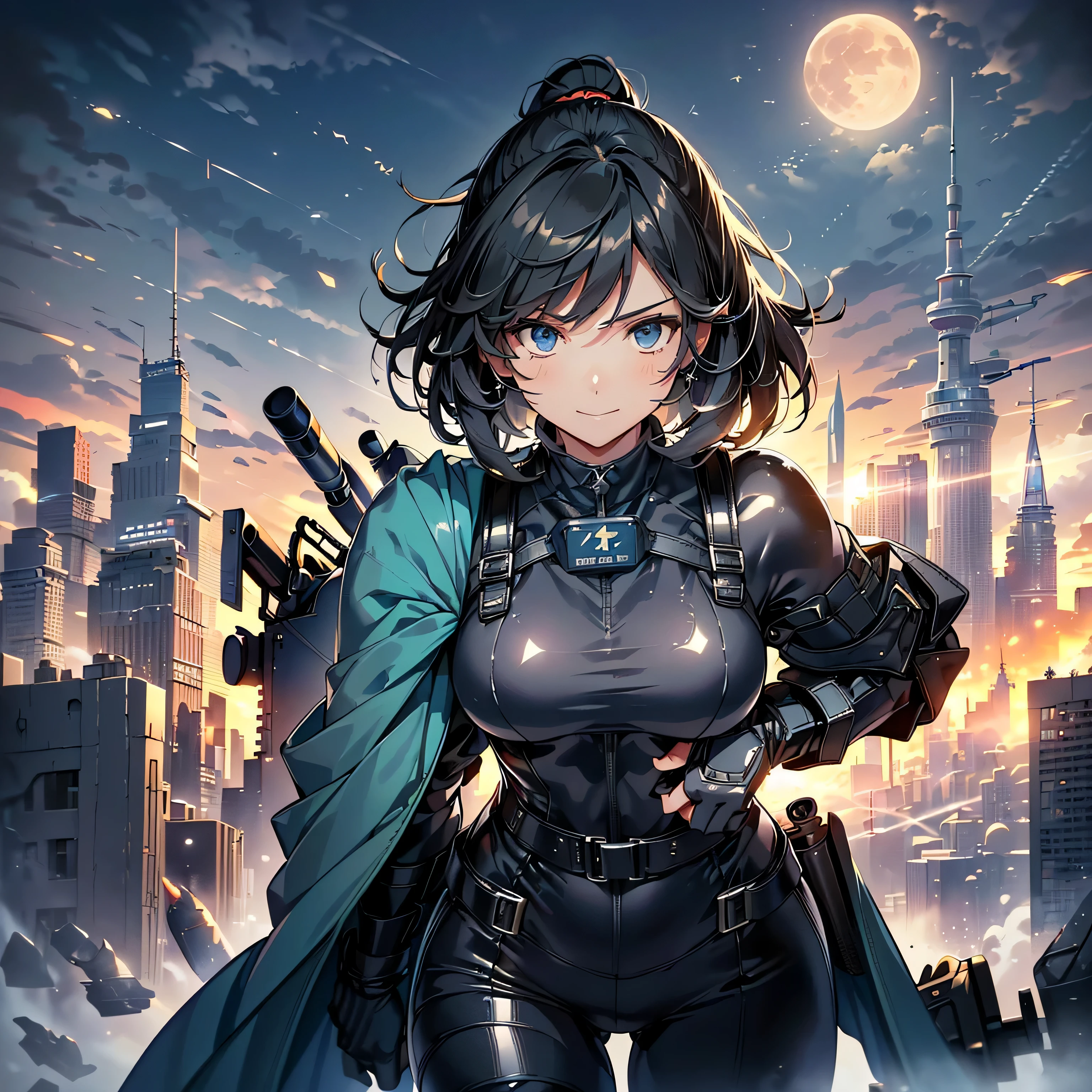 (highest quality,T Masterpiece,final solution,whole body):(Fluffy,19old female fighter,black super short hair,Shiny navy blue and black tight combat uniform,tight suit,normal posture,normal posture、Gentle smile)、(19old female fighter,dark blue high knot ponytail、Shiny navy blue and white tight combat uniform,tight suit,normal posture,normal posture、Gentle smile)、(Time Machine、Computer、skyscraper gun、weapons of the future、(Backpack:1.1)、Real World、Plankton rattle field、volumetric fog、gray fog、cigarette、 explosion、apocalyptic、destroyed city background、burning building:1.3、splash of water、starry ski、huge moon、Earth、destroyed giant robot、radio tower、airplane flying overhead、shooting star rocket truck、broken car、derailed train、tank、giant weapon、electronic equipment、Luminous mechanism)