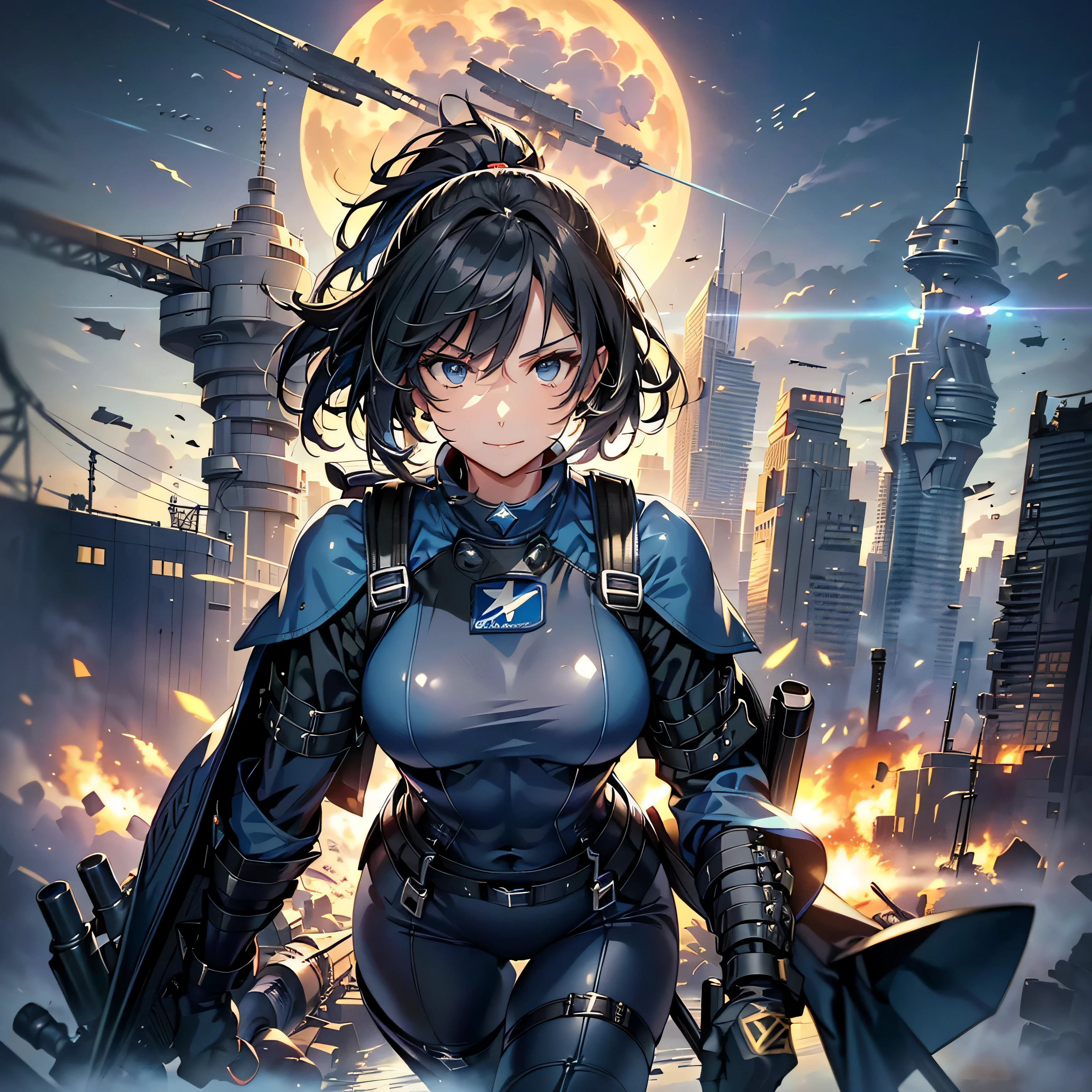 (highest quality,T Masterpiece,final solution,whole body):(Fluffy,19old female fighter,black super short hair,Shiny navy blue and black tight combat uniform,tight suit,normal posture,normal posture、Gentle smile)、(19old female fighter,dark blue high knot ponytail、Shiny navy blue and white tight combat uniform,tight suit,normal posture,normal posture、Gentle smile)、(Time Machine、Computer、skyscraper gun、weapons of the future、(Backpack:1.1)、Real World、Plankton rattle field、volumetric fog、gray fog、cigarette、 explosion、apocalyptic、destroyed city background、burning building:1.3、splash of water、starry ski、huge moon、Earth、destroyed giant robot、radio tower、airplane flying overhead、shooting star rocket truck、broken car、derailed train、tank、giant weapon、electronic equipment、Luminous mechanism)