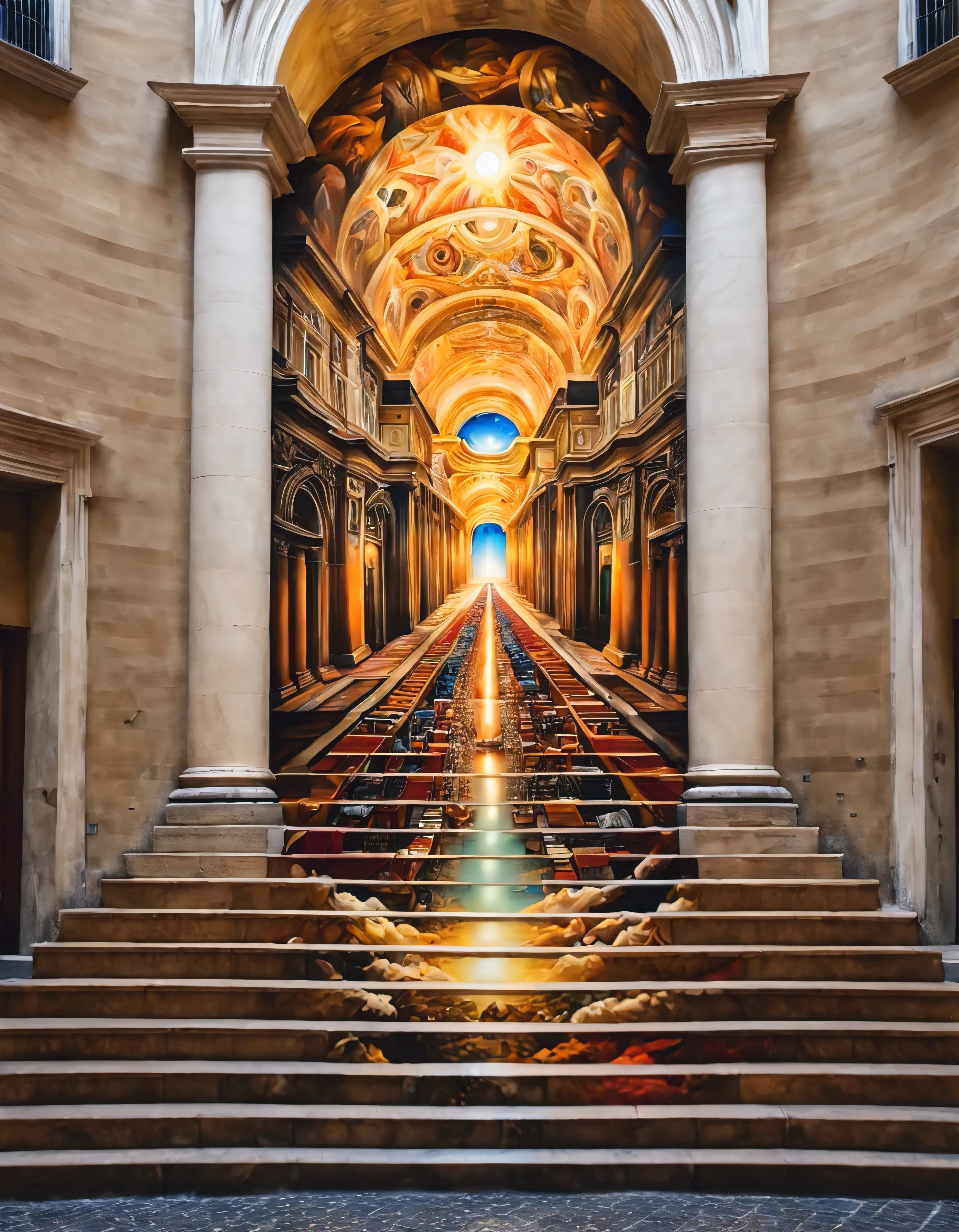 masterpiece, best quality, stair-art, Vatican, nighttime, oil painting, vibrant, flash-photography, high-saturation