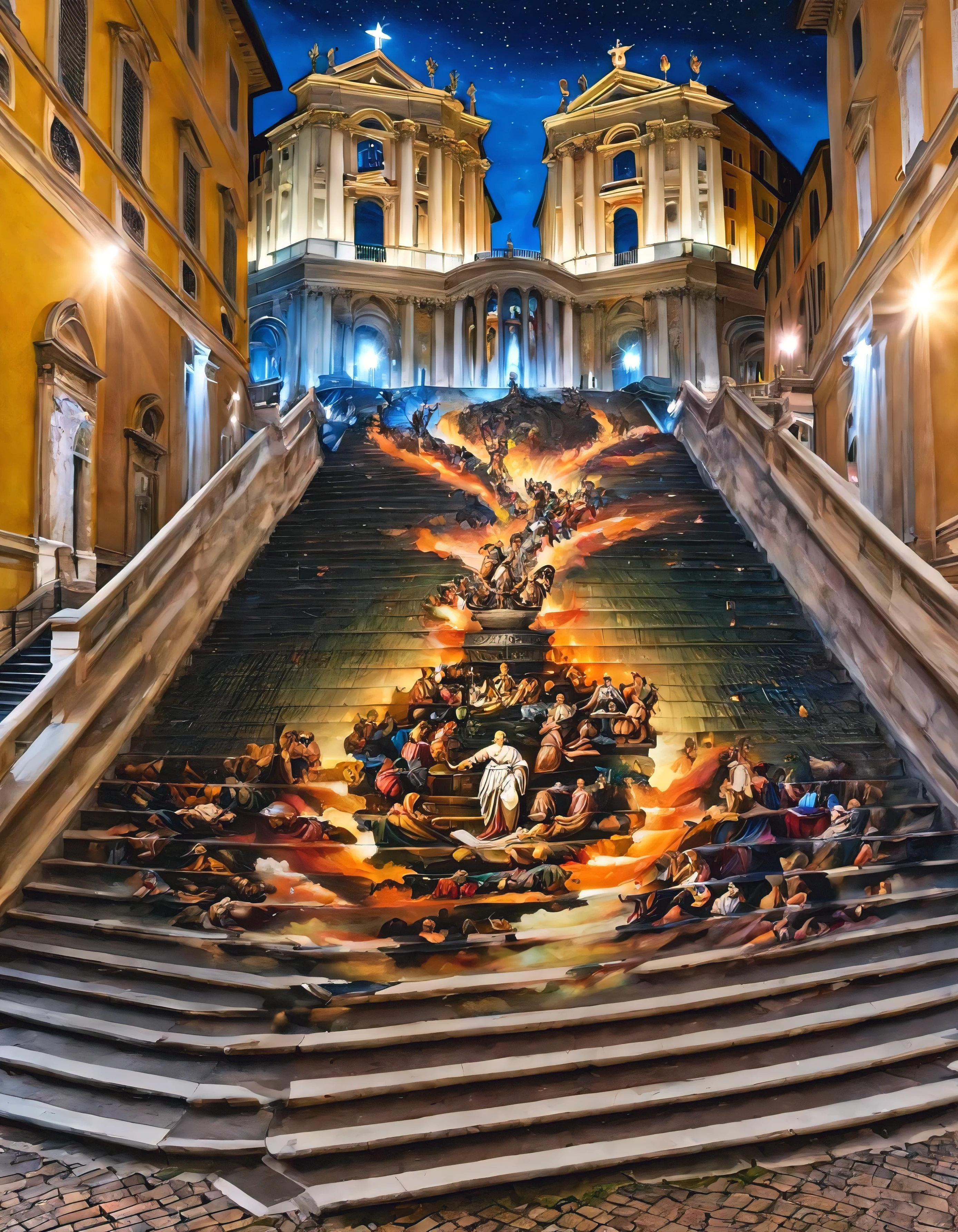 masterpiece, best quality, stair-art, Vatican, nighttime, oil painting, vibrant, flash-photography, high-saturation