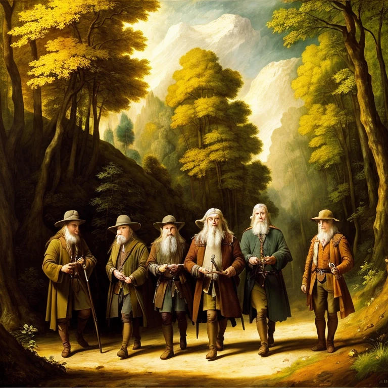 A portrait of (Gandalf), smoking a pipe with the hobbits while walking in the forest, Baroque, dramatic contrasts between light and dark, emotional intensity, tenebrism, soft edges, romanticism, baroque, realism, chiaroscuro, Dutch Golden Age, impasto, by Rembrandt van Rijn, by Rembrandt digital art cinematic photoshoot high