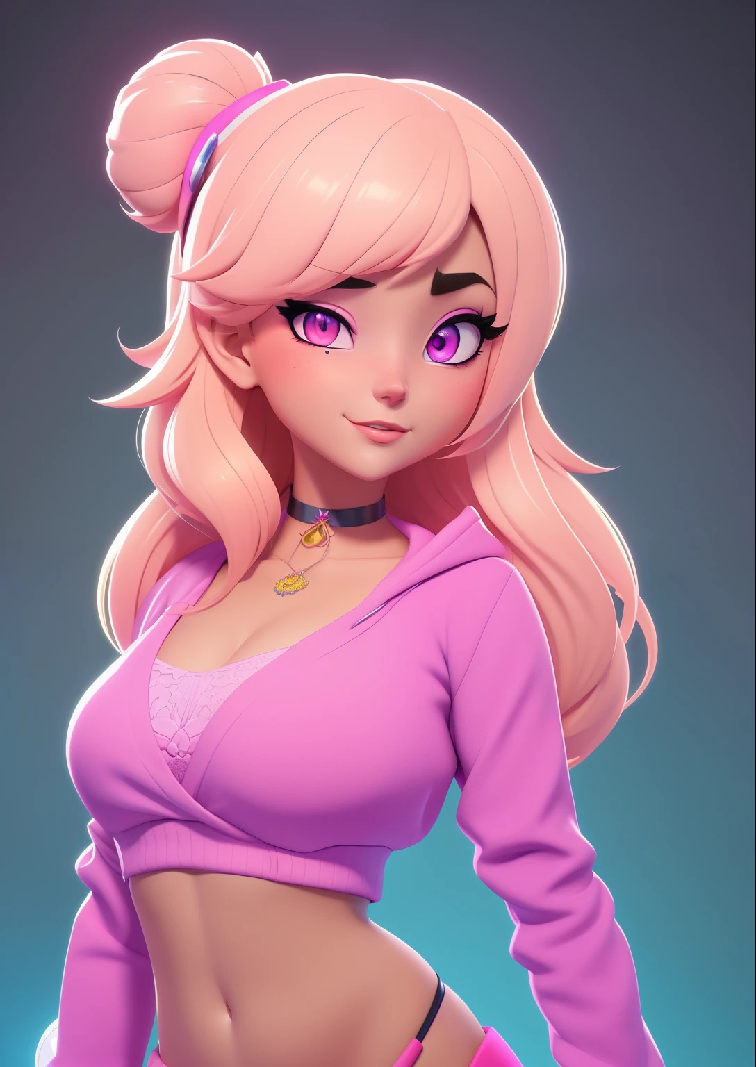 um close up de um personagem de desenho animado com uma roupa rosa, Stylized 3D rendering, 8k 3D rendering character art, desenho animado rossdraws vibrante, anime estilizado, personagem fofo, colored zbrush render, Ilya Kuvshinov. 4k, estilizado 3d, stylized neon, personagem estilizado, estilo de arte dos desenhos animados