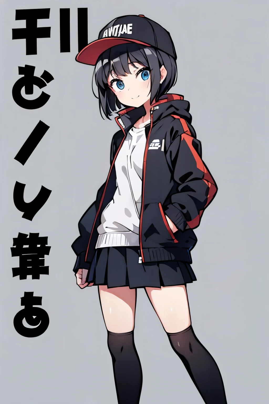 (((masterpiece, illustration, best quality))), 1girl, solo, blue eyes, ((detailed eyes)), looking at viewe, ((short hair)), ((black hair)), standing, ((baseball hat)), white headwear, upper body, black jacket, Closed sweater, ((Scenenary:white background)), black socks, ((black shirt)), perfect body, fit body, (closed mouth), li, (hands in pockets), waterproof jacket, skirt white