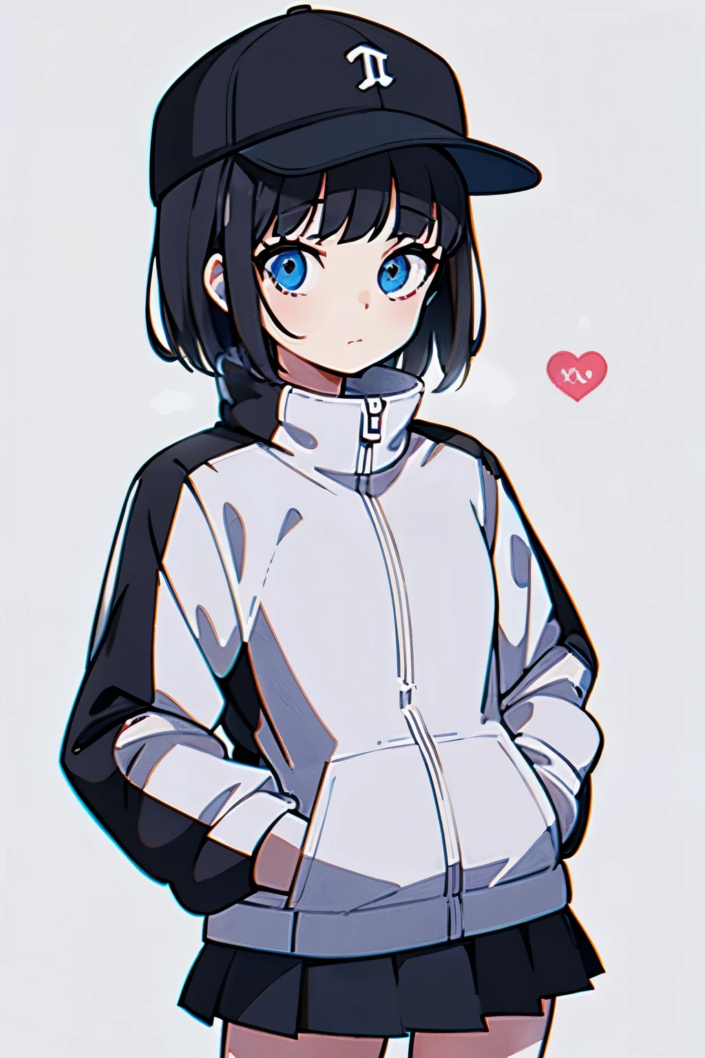 (((masterpiece, illustration, best quality))), 1girl, solo, blue eyes, ((detailed eyes)), looking at viewe, ((short hair)), ((black hair)), standing, ((baseball hat)), white headwear, upper body, black jacket, Closed sweater, ((Scenenary:white background)), black socks, ((black shirt)), perfect body, fit body, (closed mouth), loli, (hands in pockets), waterproof jacket, skirt white
