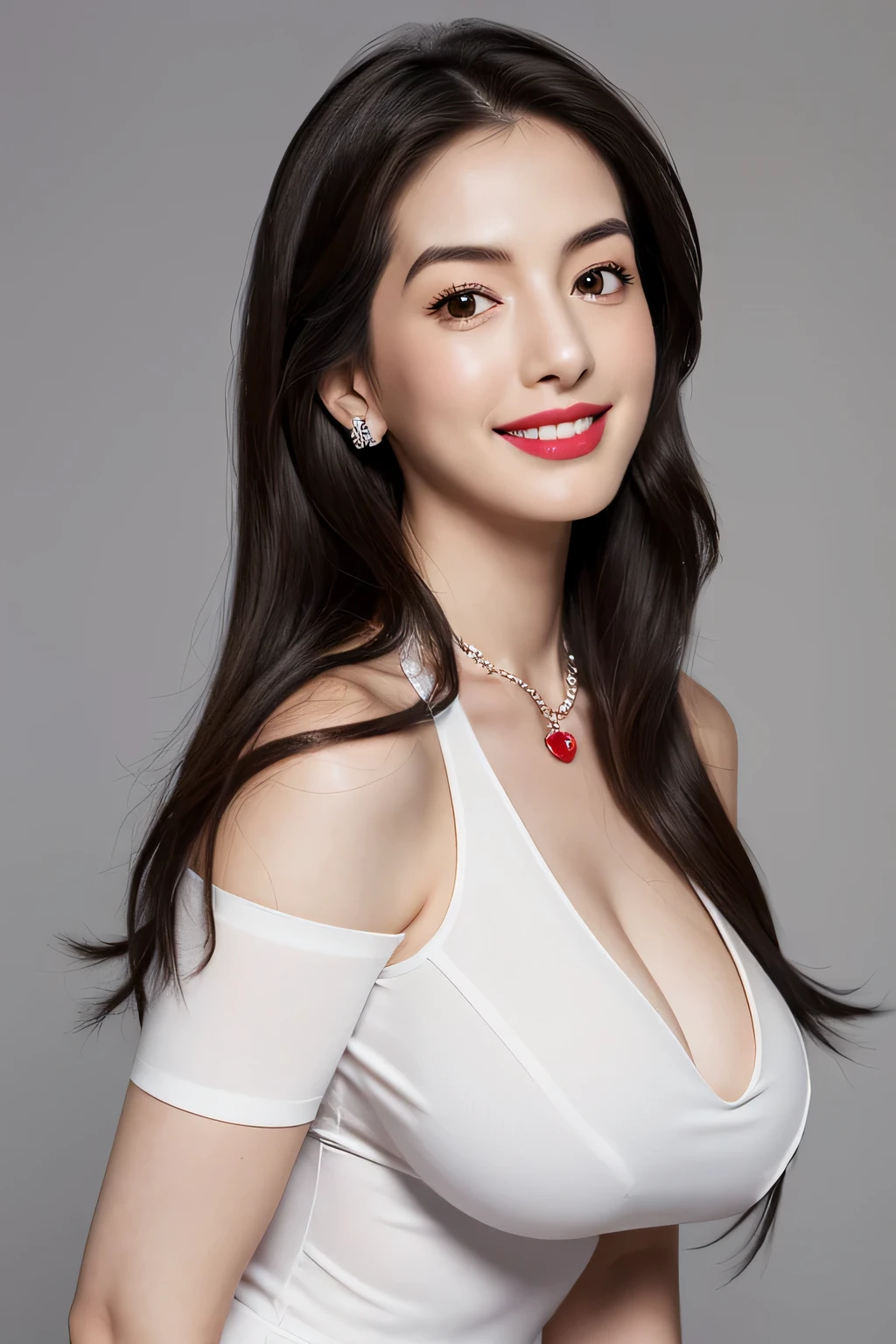 magazine photoshoot, plain background, half body beautiful female with black wavy long hair, wearing white nurse uniform, red lipstick, necklacke, earing, face like anne hathaway mix with japanese female, sexy pose, smile, huge boobs:1.2, curve body, high res.photorealistic:.1.4, UHD