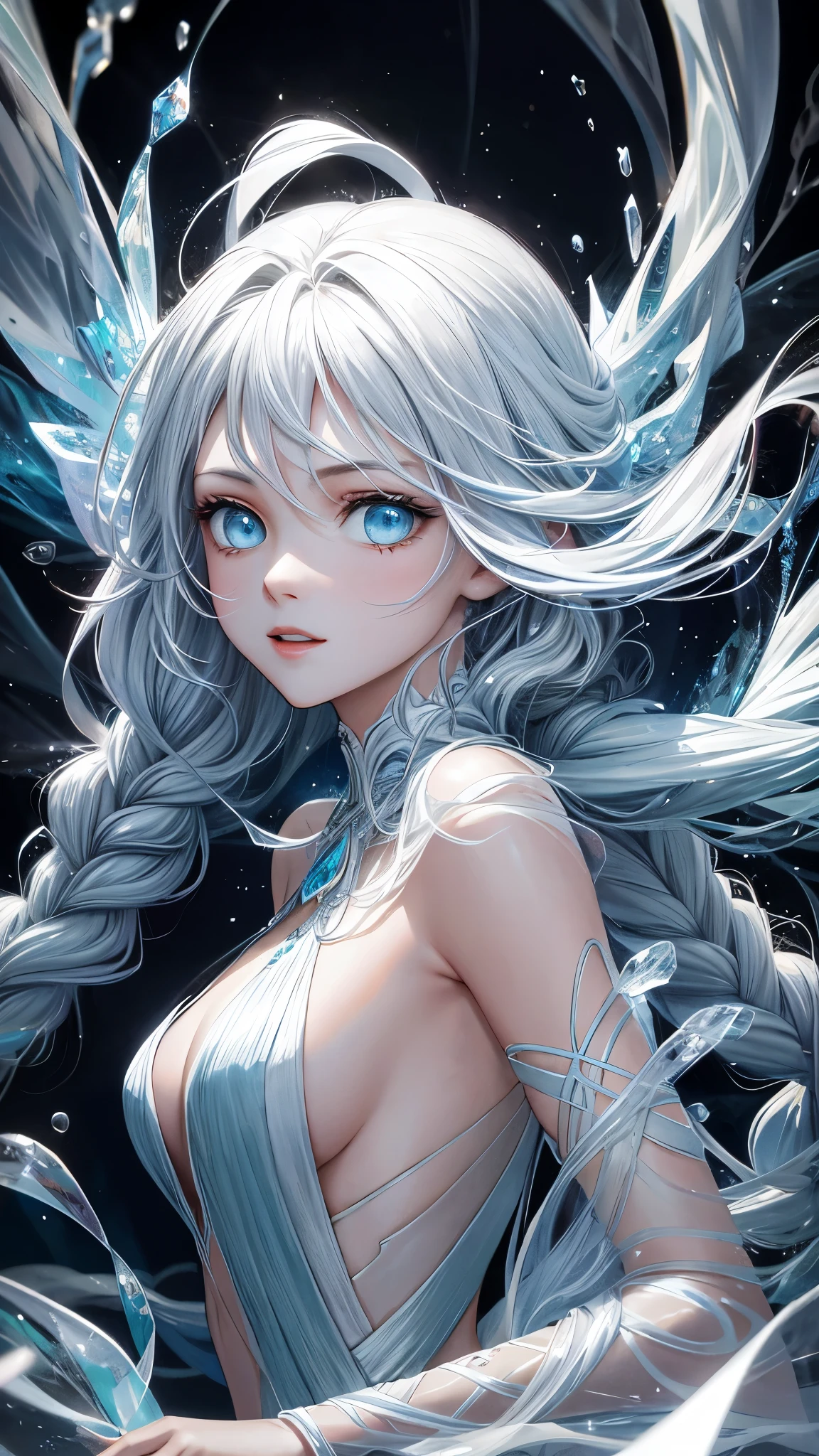Half body, headshot. Step into a captivating scene featuring one young lady with very long white hair braided and blue eyes, as vibrant ice particles ignite the air around her, creating a dazzling and dynamic atmosphere. Crafted with exquisite detail crystal ice dress and rendered in breathtaking 10k high resolution, The creative lighting style bathes her in a radiant, icy glow, harmonizing with the swirling ice particles. this masterpiece blends the art mediums of digital illustration, crystal effects, particle simulation, and post-processing techniques. Drawing inspiration from the styles of Anime, Mystical Realism, and Contemporary Surrealism