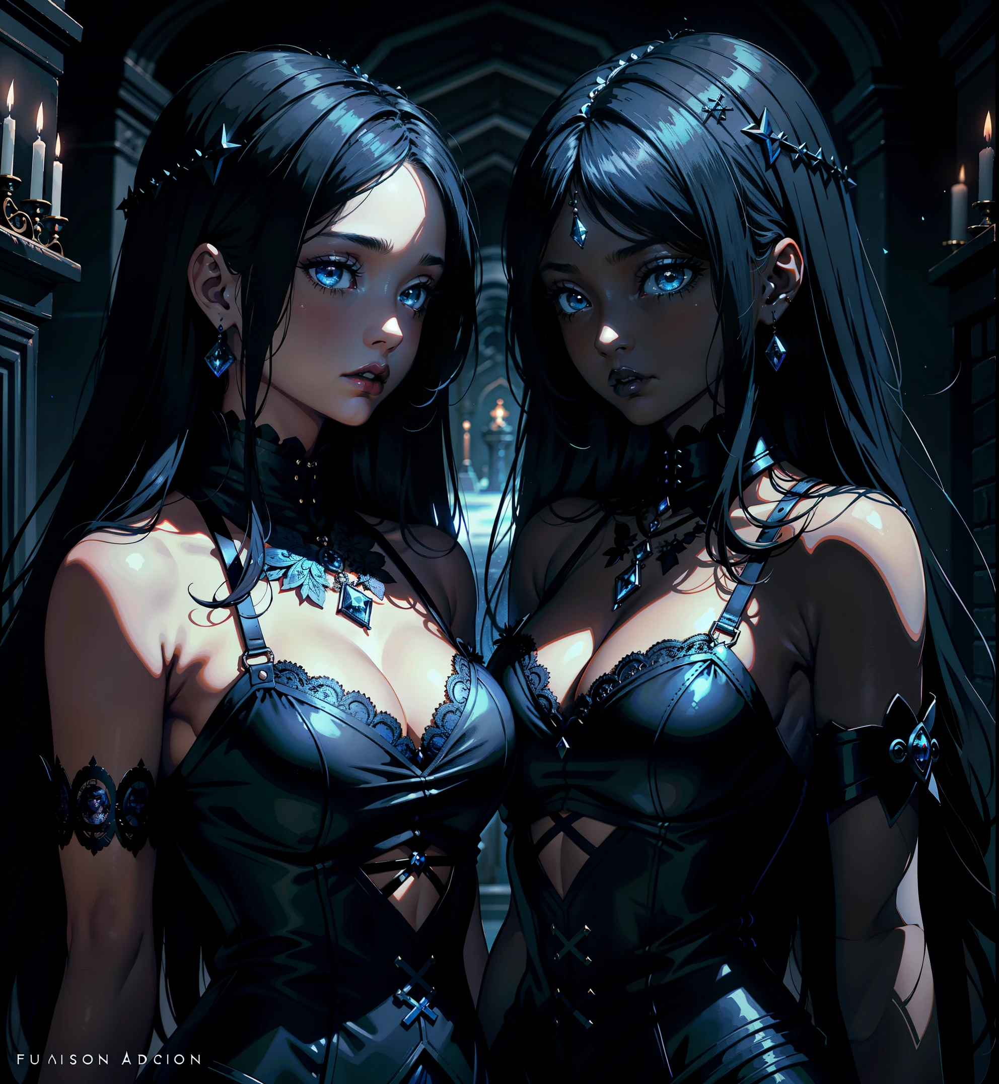 adesivo, fundo simples, portrait, 2 girls with dark skin, twin sisters, with long hair, beautiful gothic girl, gothic aesthetic, beautiful girl, very beautiful fantasy art, beautiful and elegant female gothic, beautiful detailed fantasy, black and blue color palate, blue color-theme, 8K, ray tracing, uhd