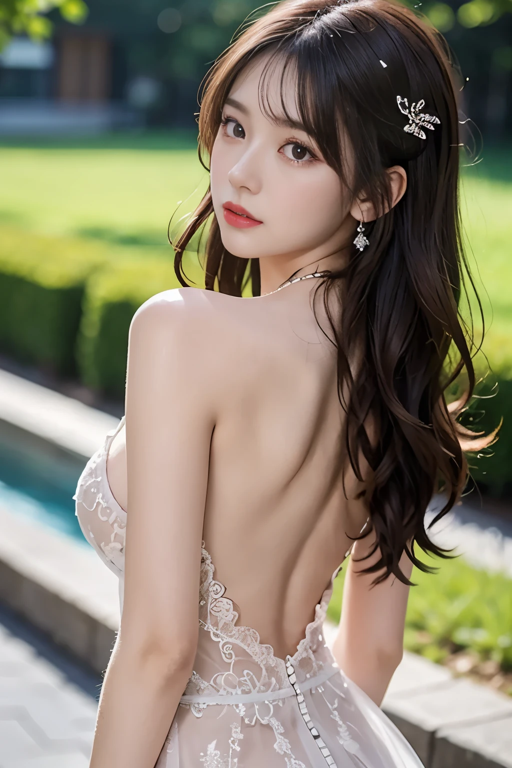 High quality graphics,masterpiece,Bokeh,8k,close-up,portrait,a young girl,Innocent eyes,Perfect facial details, red face, flowing wavy hairstyle,long hair,black hair,White tulle dress,Transparent texture,lace,breasts,nipples,Off the shoulders,Backless outfit,haunches,shiny oiled skin,Huanghuayuan,lawn