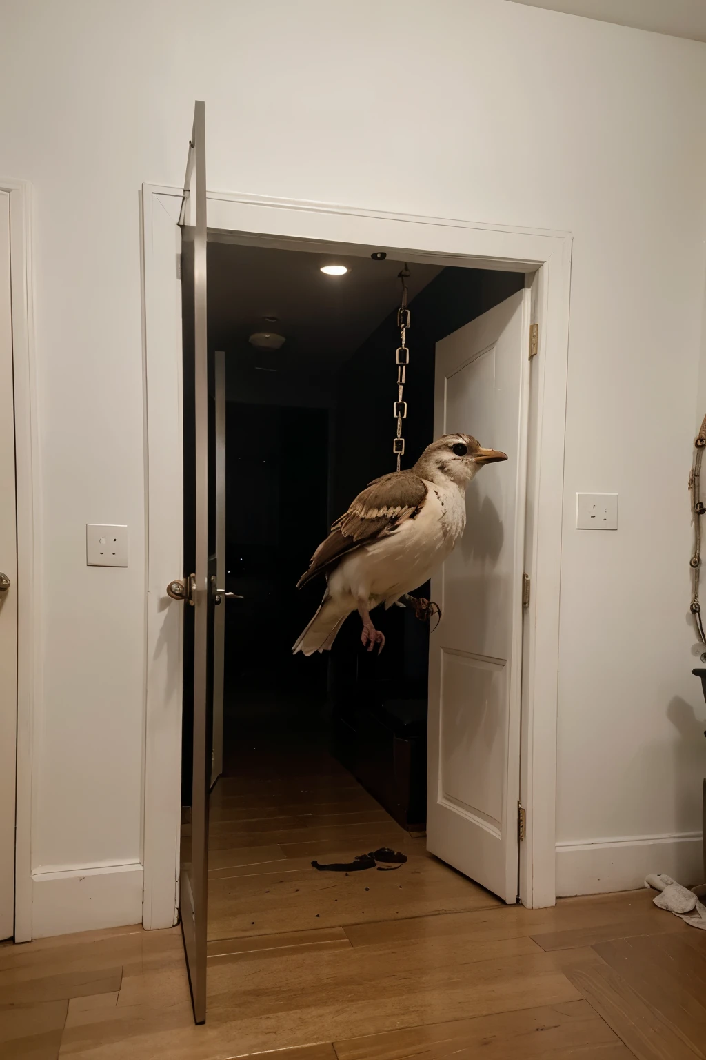 ((melhor qualidade)), ((obra de arte)), (detalhado), studio. high definition. realistic. White Bird with rusty broken chain on its feet trying to fly, coming out of a small cage with open door. full white background