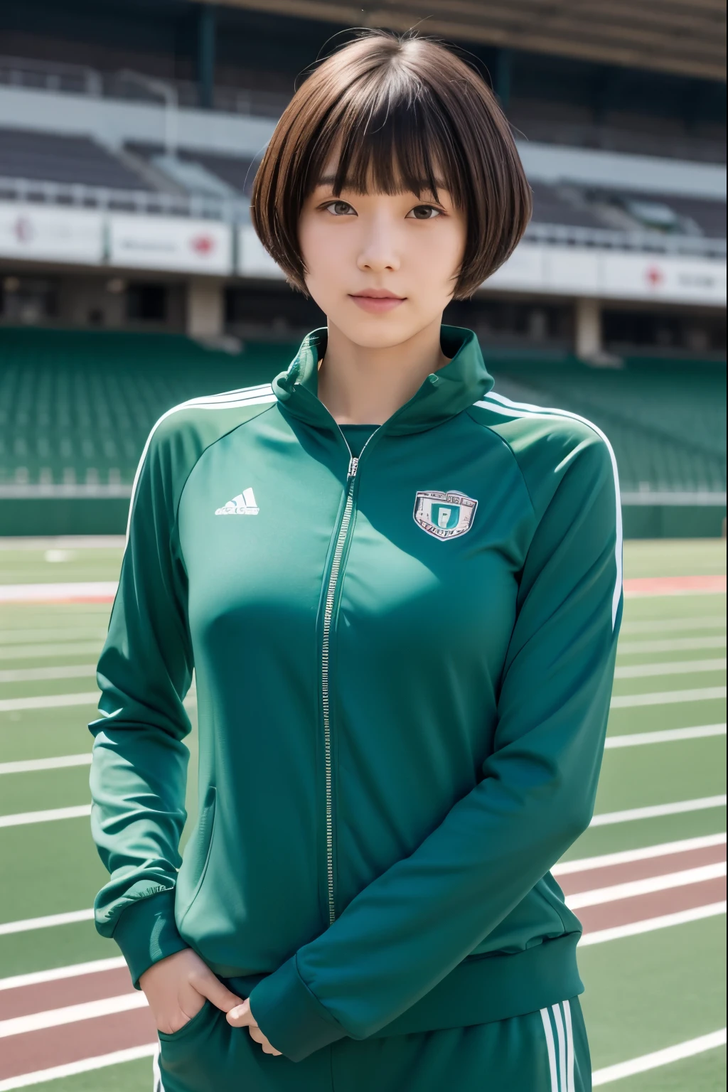 Upper Body, ((show off nipple)), at the track and field stadium, japanese lady, pale skin, droopy eyes, 20 year old, bowl cut hair, ((green Tracksuit)), ((standing)), high quality:1.3, shoot from below 2.0, Professional lighting:2.0 realistic:1.2, 4k resolution, detailed skin, masterpiece:1.1