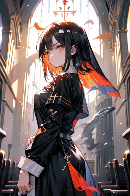 a black haired woman with orange eyes is a nun in the church