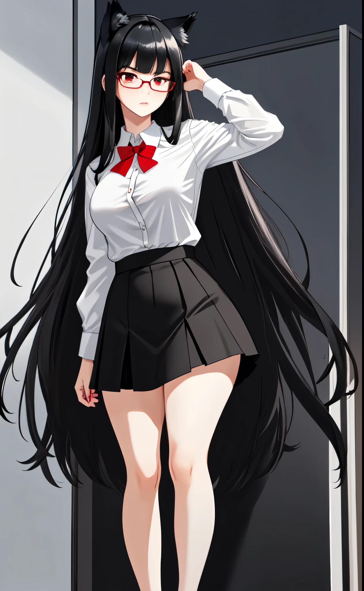 Solo:1.3, A tall woman, adult mature woman, medium breasts, thick thighs, black wolf ears, long black hair, straight bangs, red eyes, elegant clear glasses, serious face, wearing white button up shirt, black skirt, black stockings, red heels, in a classroom, standing, hands on her waist