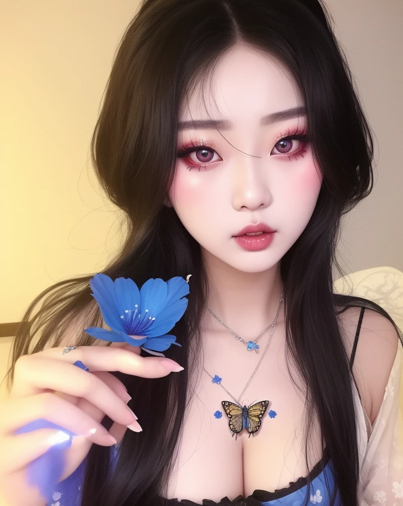 there a woman with a butterfly on her neck holding a blue flower, ulzzang, cruel korean goth girl, sakimichan, korean girl, popular south korean makeup, aesthetic cute with flutter, kanliu666, ahegao, ahegao face, y 2 k cutecore clowncore, beautiful south korean woman, e-girl